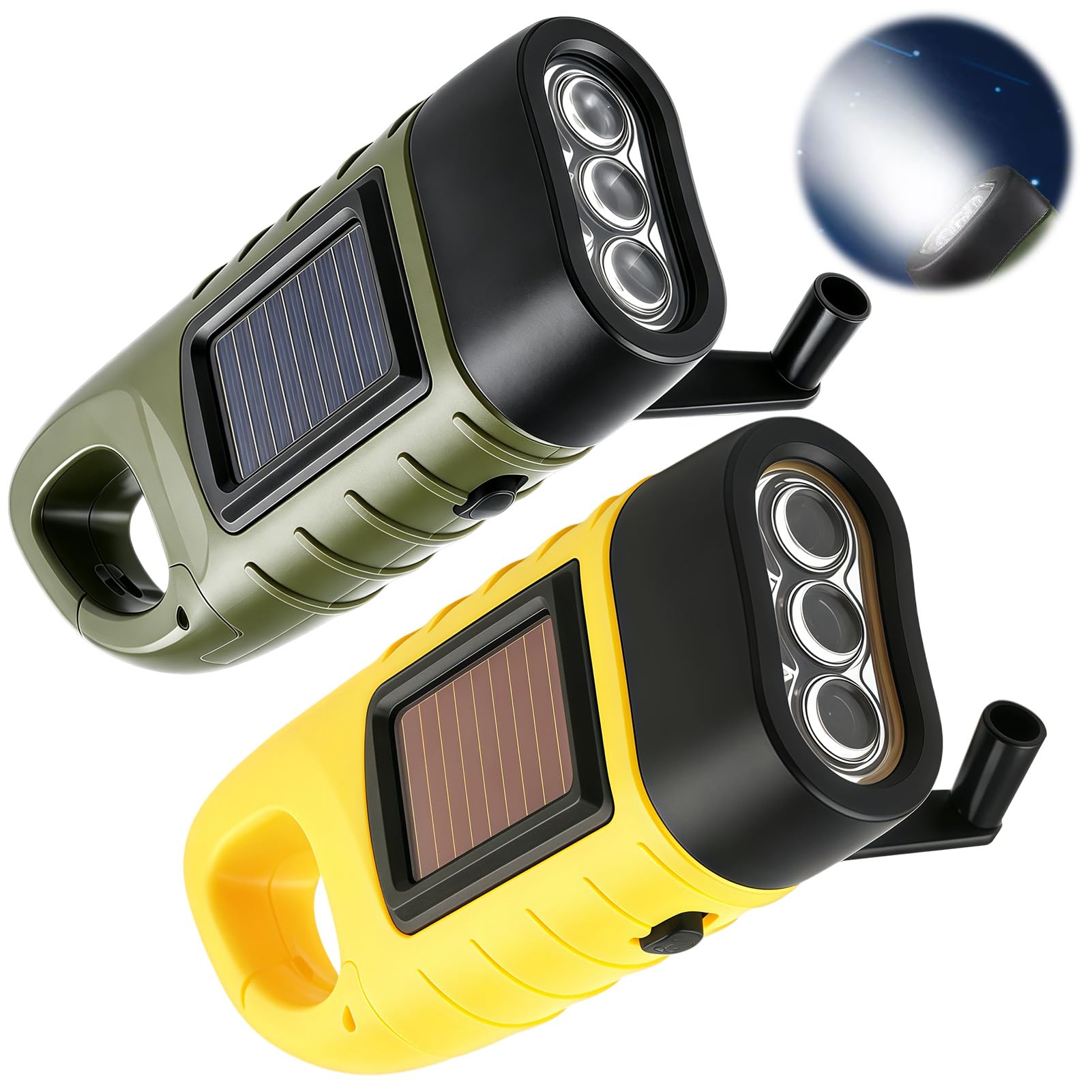 2 Pack Wind Up Torch, Solar Powered Hand Crank Torches, Super Bright LED Emergency Torch with Carabiner Hook, Portable Rechargeable Camping Lantern for Hiking, Outdoor Survival Gear
