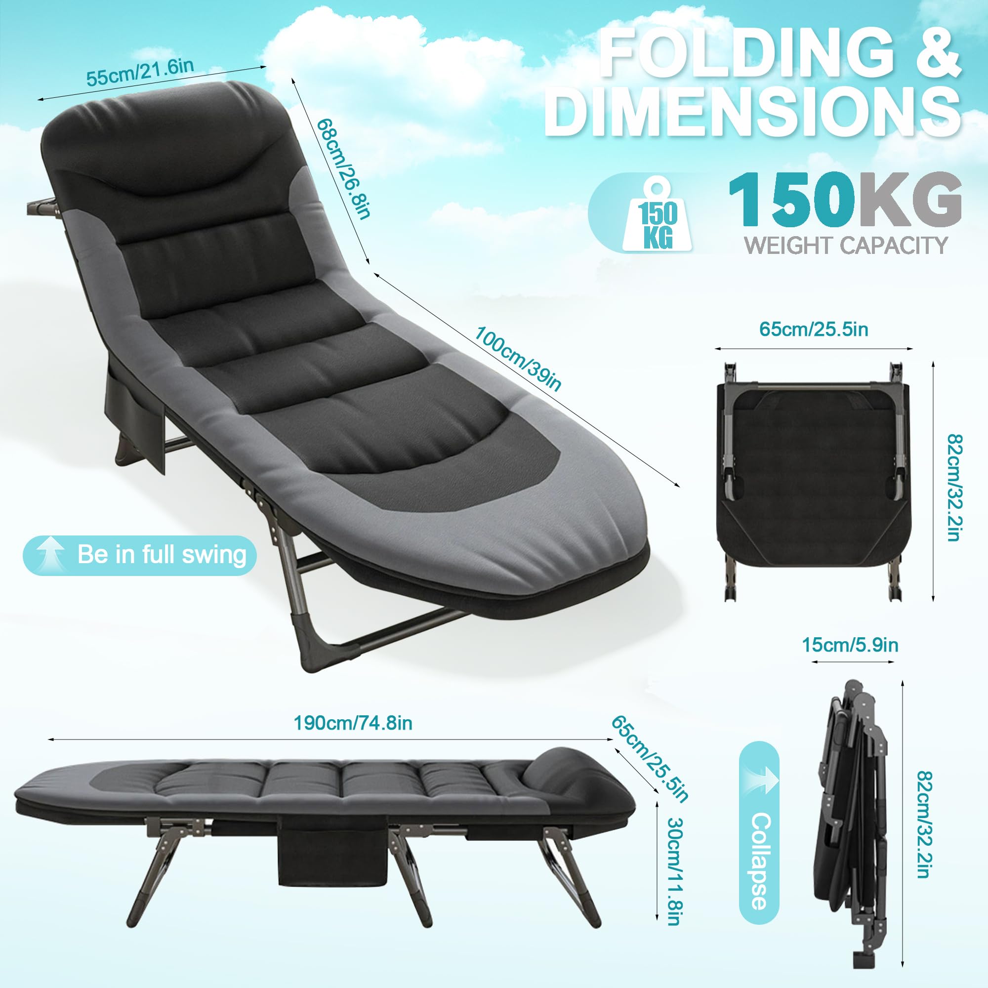 Campingbett Feldbett klappbar Anglerliege 190x65x30cm mit Nackenkissen & Seitentasche, 6-Fach verstellbar, bis 150 kg belastbar, leicht faltbares Gästebett für Garten Outdoor (Schwarz)