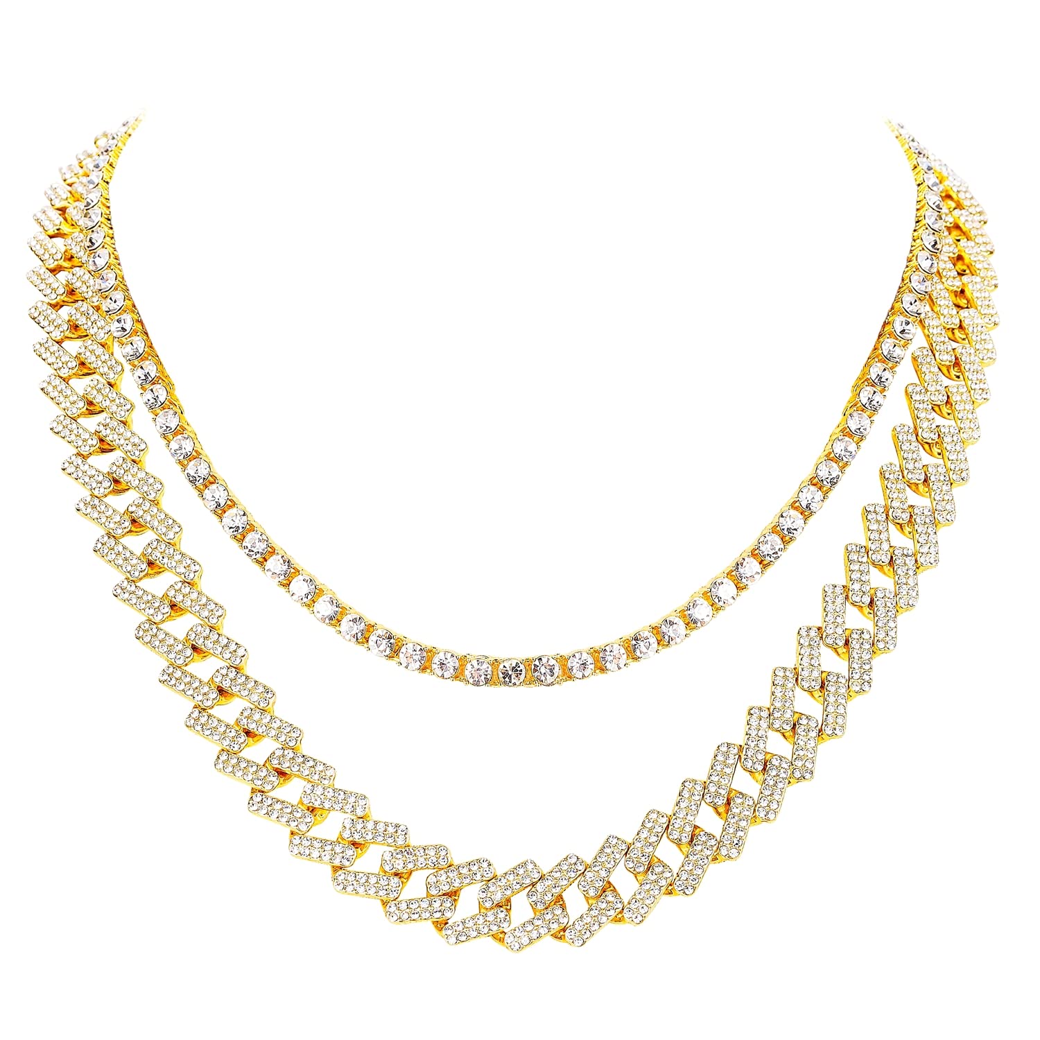 HH BLING EMPIRE Gold Silver Iced Out Diamond Tennis Chain Necklace for Men Women, Rhinestone Tennis Necklaces for Women and Teens, Tennis and Cuban Link Chains 18-30 Inches