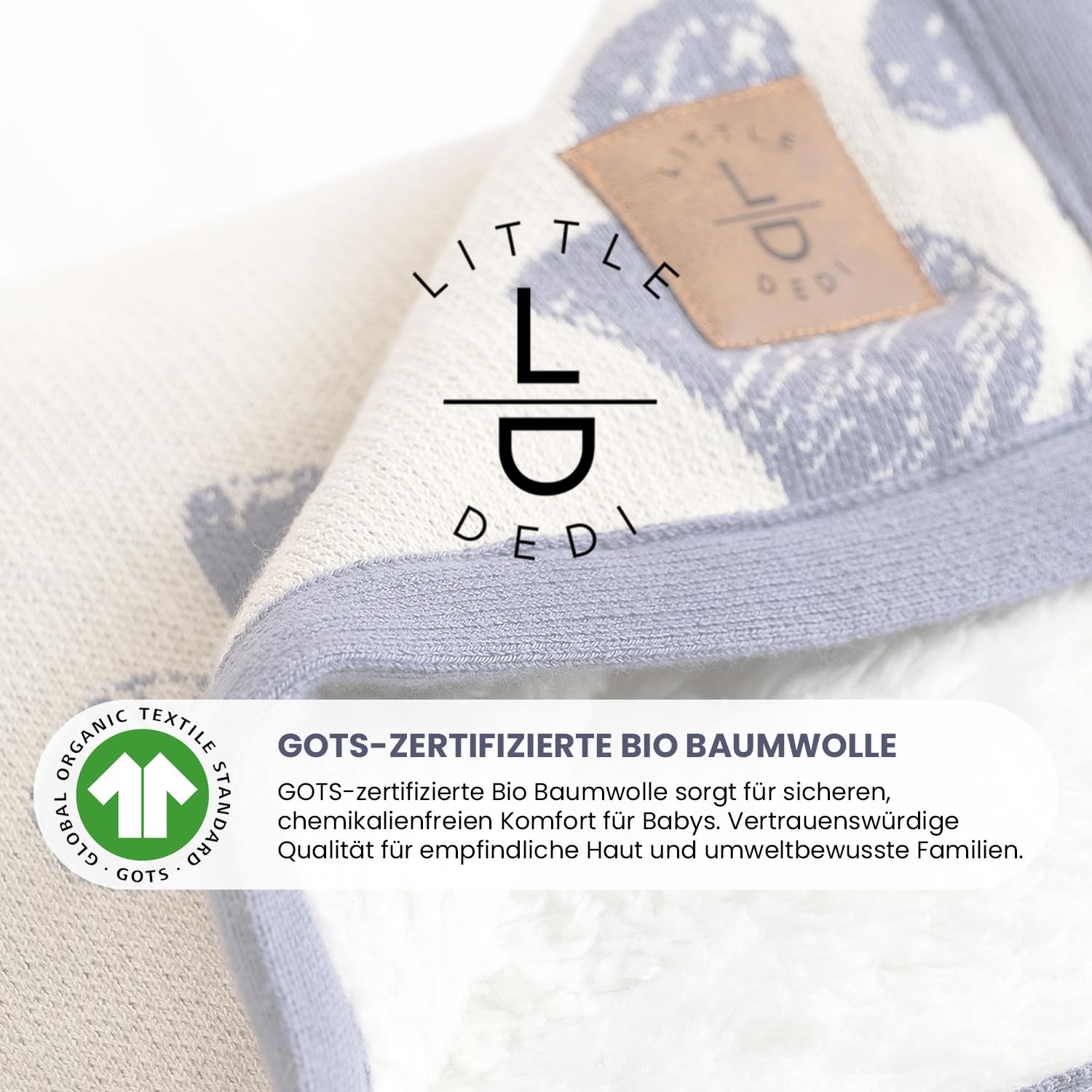 Babydecke & Haustierdecke Winter Decke – 100% GOTS-zertifizierte Bio-Baumwolle, Strickdesign, 75x95 cm, Weich & Atmungsaktiv, Ideal für Neugeborene & Kleinkinder,Maschinenwaschbar -Natur/Schieferblau