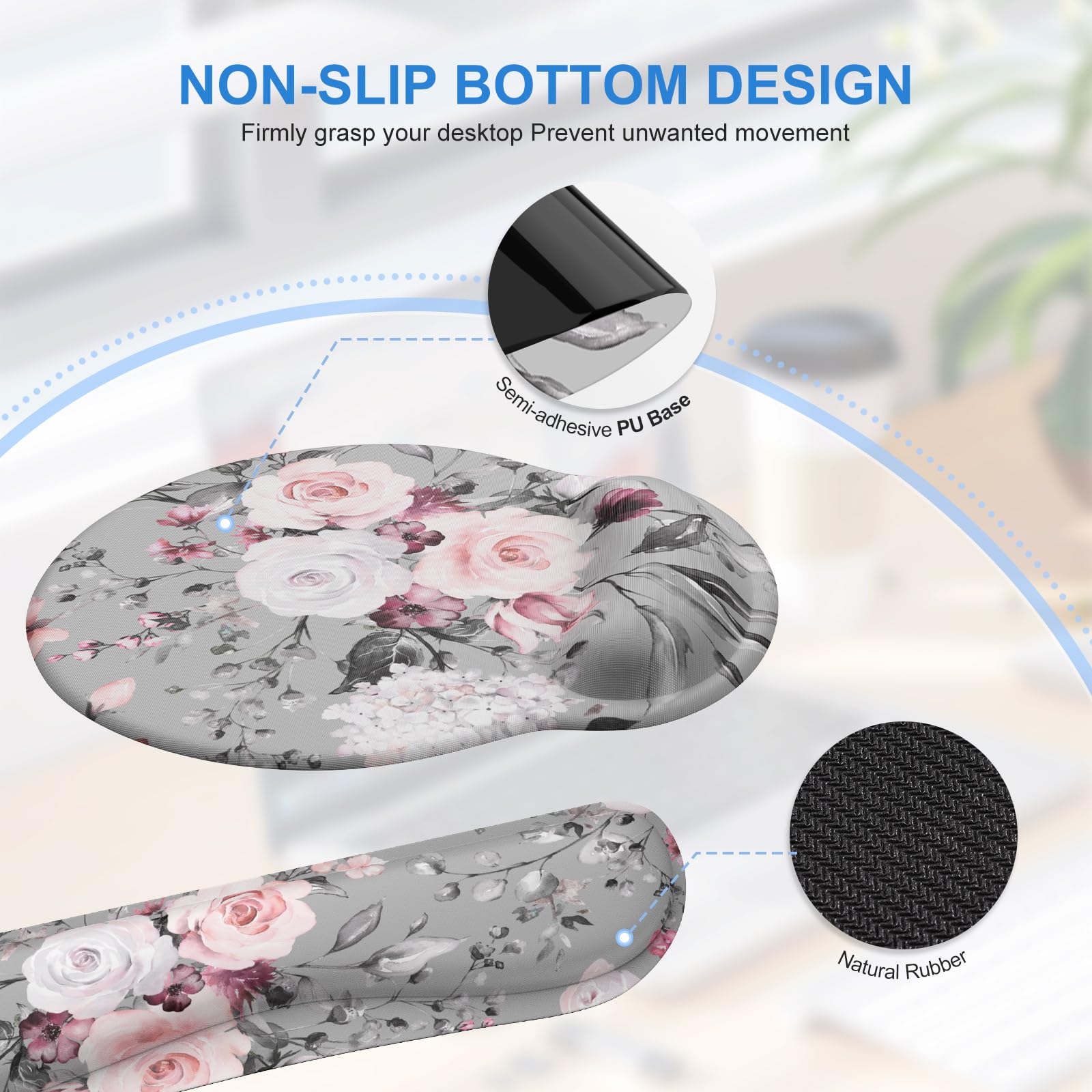 iCasso – Ensemble de tapis de souris gaming grand format 4 en 1 : tapis de souris XXL, repose-poignet pour clavier, repose-poignet pour souris et sous-verre, avec design ergonomique (Pink Floral)