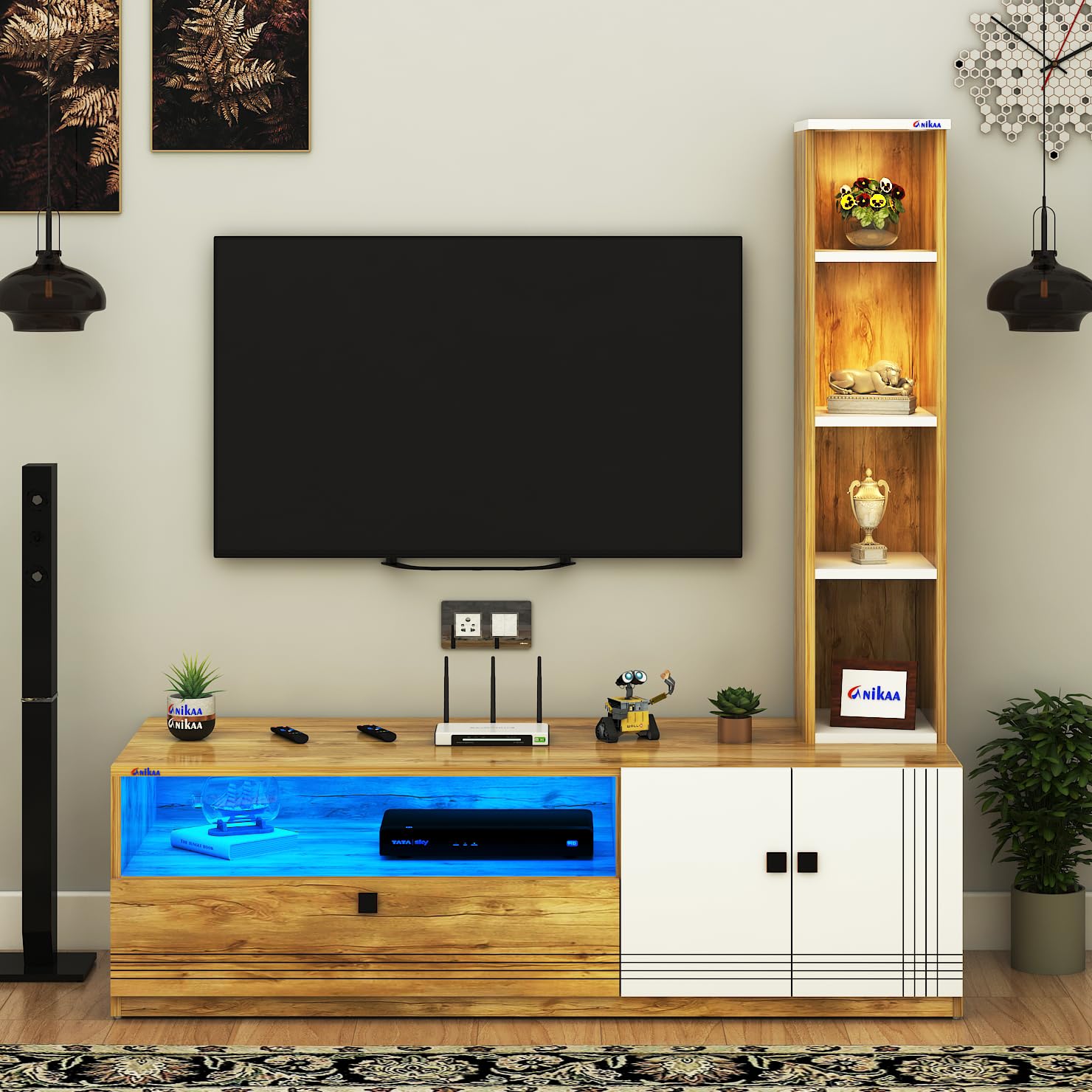 Anikaa Sprax Engineered Wood Floor Standing Modern TV Unit with LED Light for Living Room | 2-Door & Open Box Cabinet with Side Shelf Storage | Ideal for Up To 55” | (Giantwood/White) DIY Installation