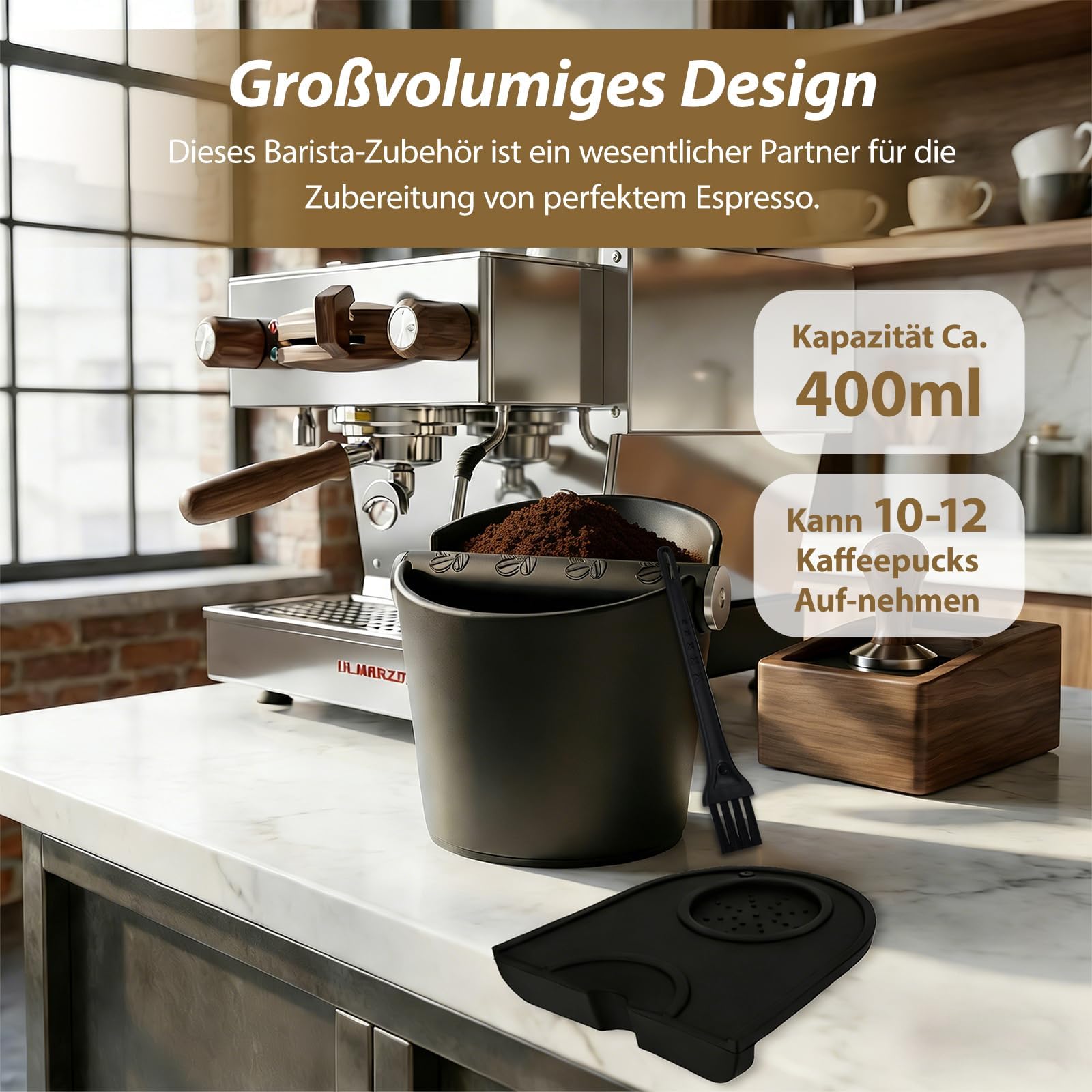 Abklopfbehälter für Siebträger Espresso Abklopfbehälter Knock Box Kaffeesatz Behälter mit Abnehmbarer Metall-Klopfstange, Rutschfester Basis und Kaffee Tampermatte, Siebträger Zubehör für Küche Café