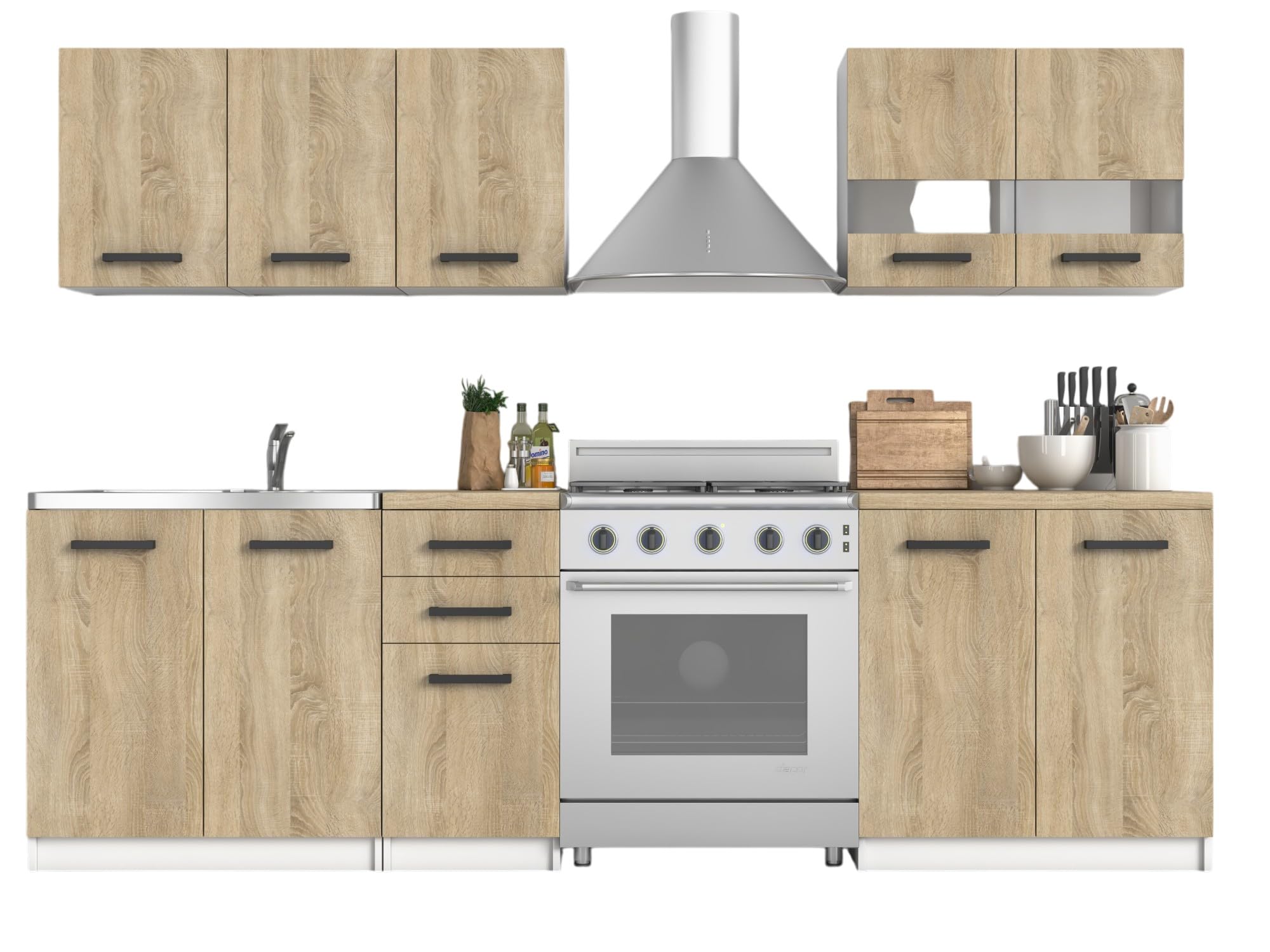 Cucina Completa Modulare 252cm, Set Mobili Cucina con Piani di Lavoro Indipendenti, Struttura Antigraffio e Termoresistente, 3 Pensili e 3 Basi, Nobilitato con Maniglie Nere CTT1 (Rovere)