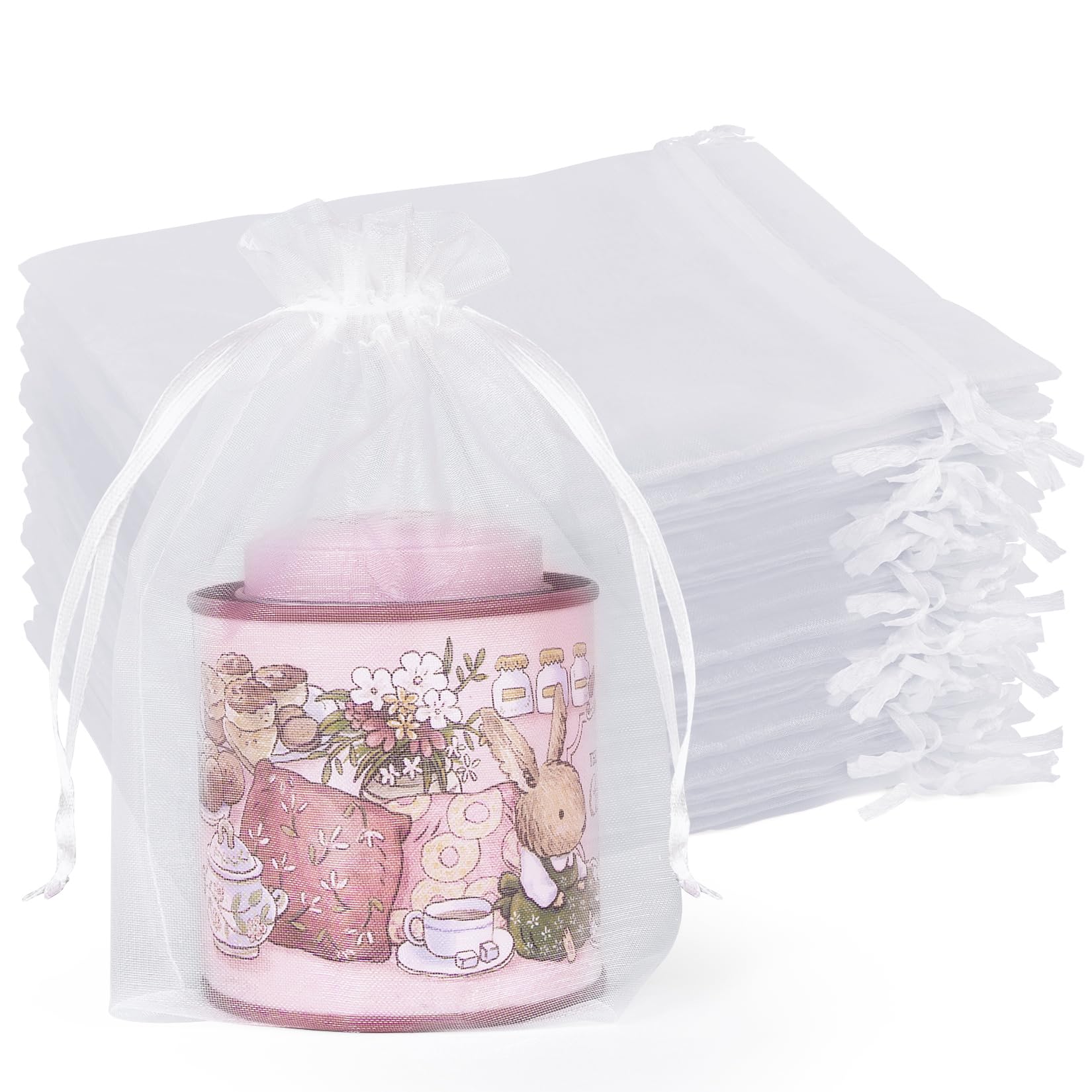 Crweety 50 Pcs Organza Bags 5x7, White Small Mesh Gift Bags Drawstring Bulk