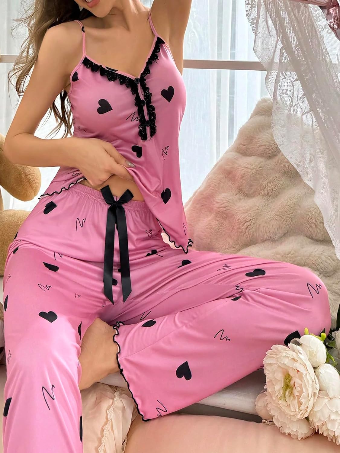 WDIRARA Women's Sleepwear Bear Print Lettuce Trim Cami Top and Bow Pants Pajama Set