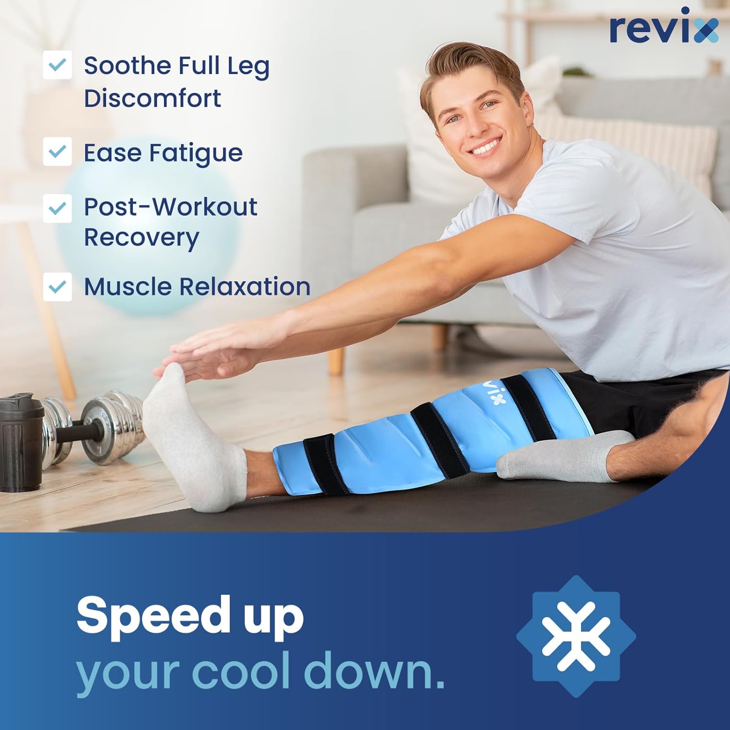 REVIX Full Leg Ice Pack Wrap Around Entire Leg, Reusable Gel Cold Wrap for Hip, Thigh and Knee, Soft Cold Compress Ice Pack Sleeve with 3 Straps (Pack of 2)