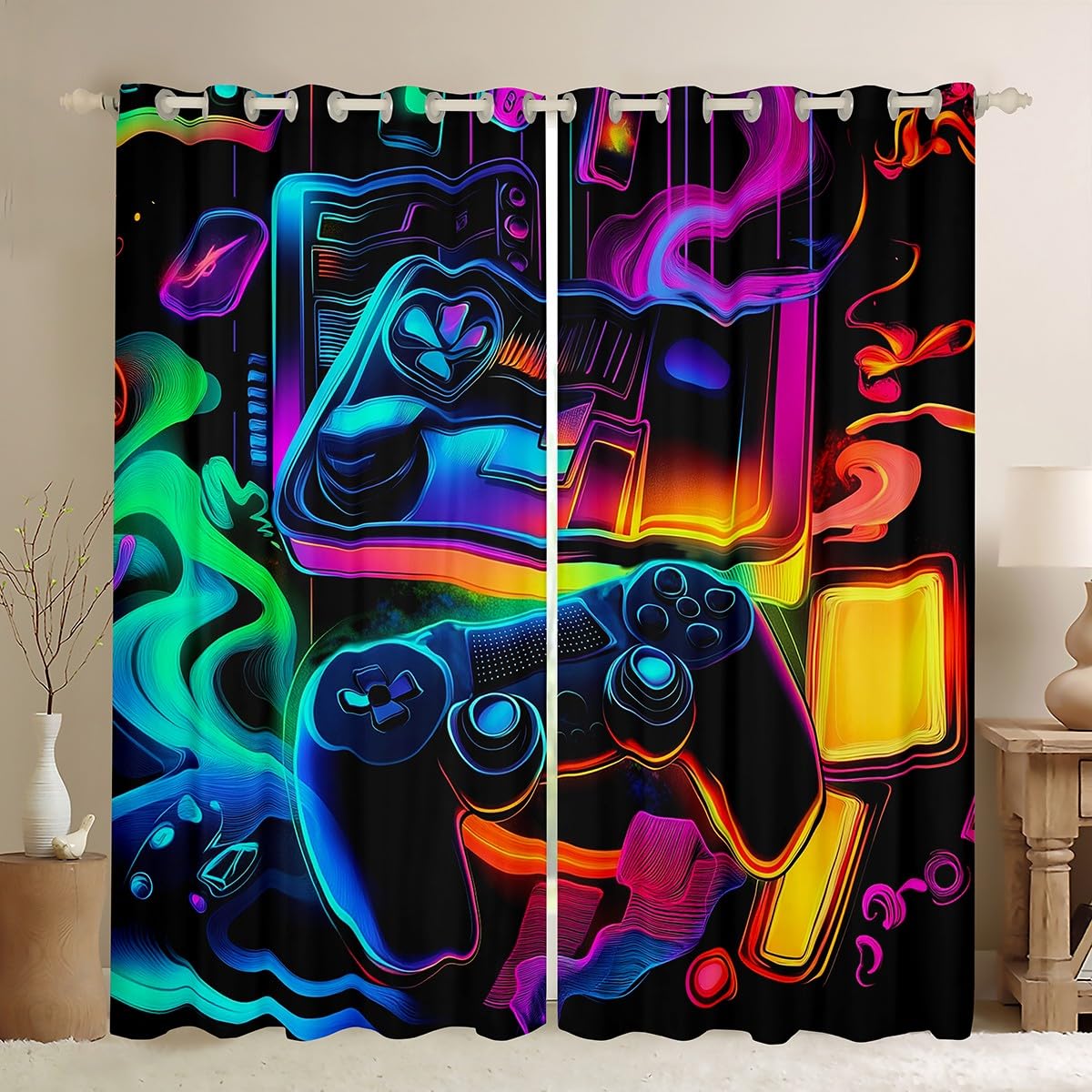 Homewish Rideau Occultant 140x245 cm Console de Jeu, Rideau Gamepad pour Garçons, Rideaux Voilage Jeux Vidéo pour Adolescents, Voilage Fenetre Contrôleur de Jeu pour Chambre Salon