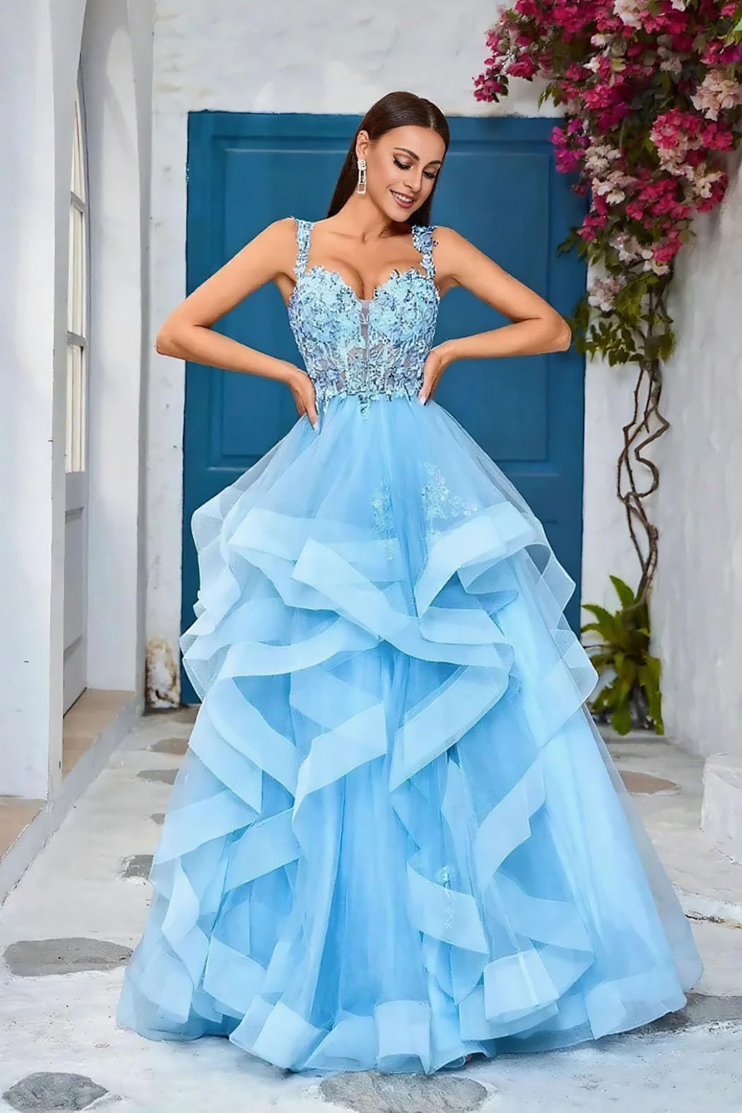 Volantes Tul Vestidos De Noche Hombros Descubiertos Vestidos De Quinceañera Vestido De Bola Largo Apliques De Encaje Vestido De Novia, azul claro, 32