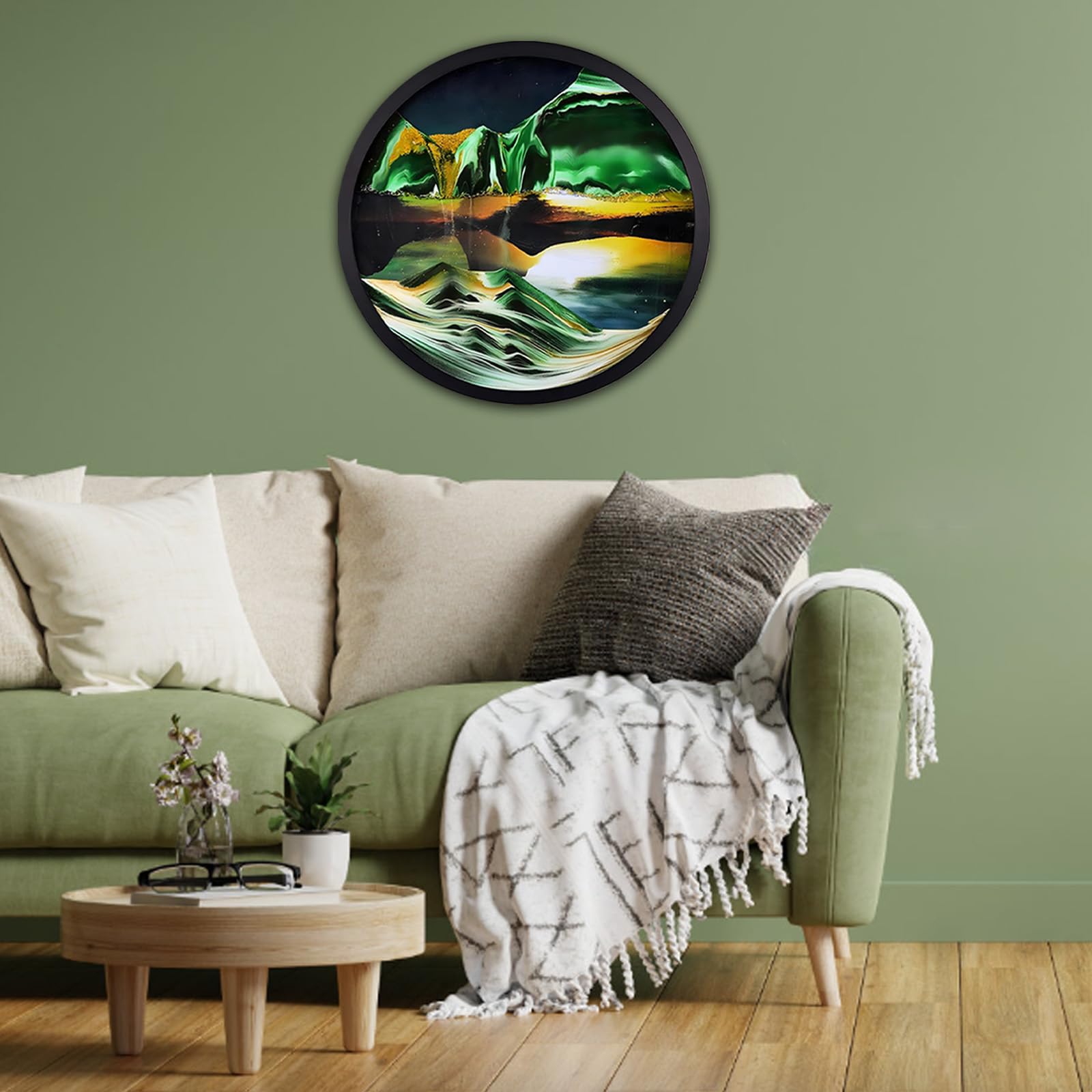 WPUXOY 3D Sand Picture in Motion - Round Glass Deep Sea Art Display With Flowing Frame - Wall Decoration for Living Room Office - 60 cm Green