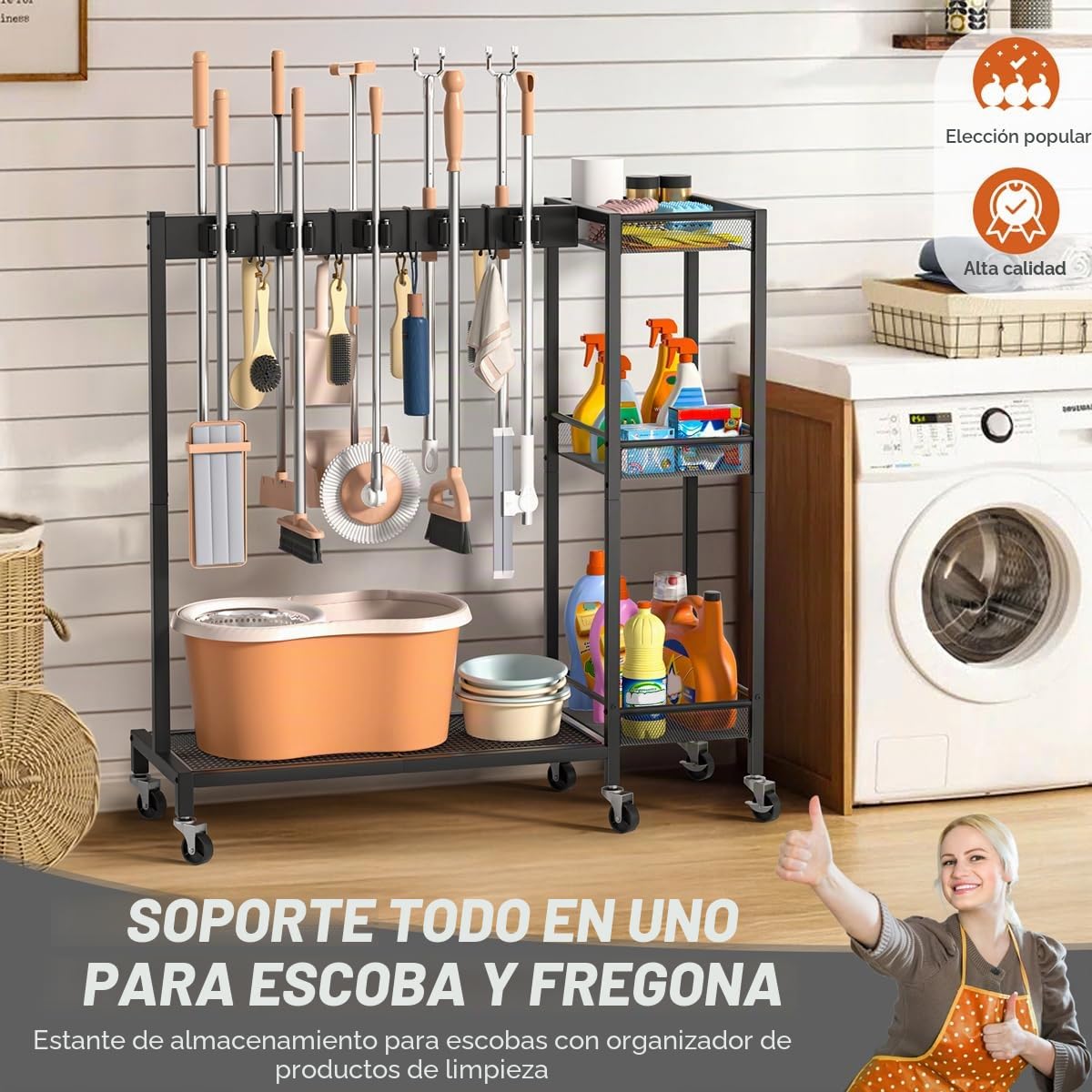 Bikoney Soporte para Escobas y Organizador de Limpieza con Ganchos, Colgador para Fregonas y Carro de Limpieza para Lavadero y Uso Doméstico o Profesional