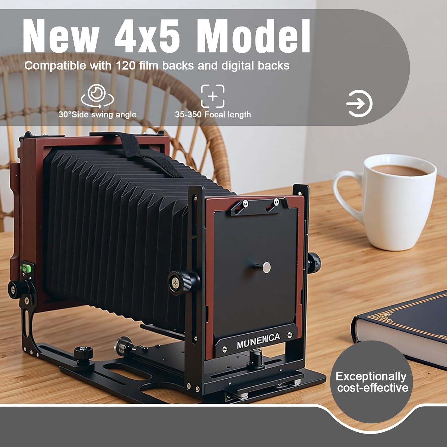 eTone MUNEWCA Large Format 4x5 Camera, Carbon Fiber Composite with Teak Wood, 35-350mm Focal Length, Tilt-Pan-Yaw Controls, 220x180x100mm