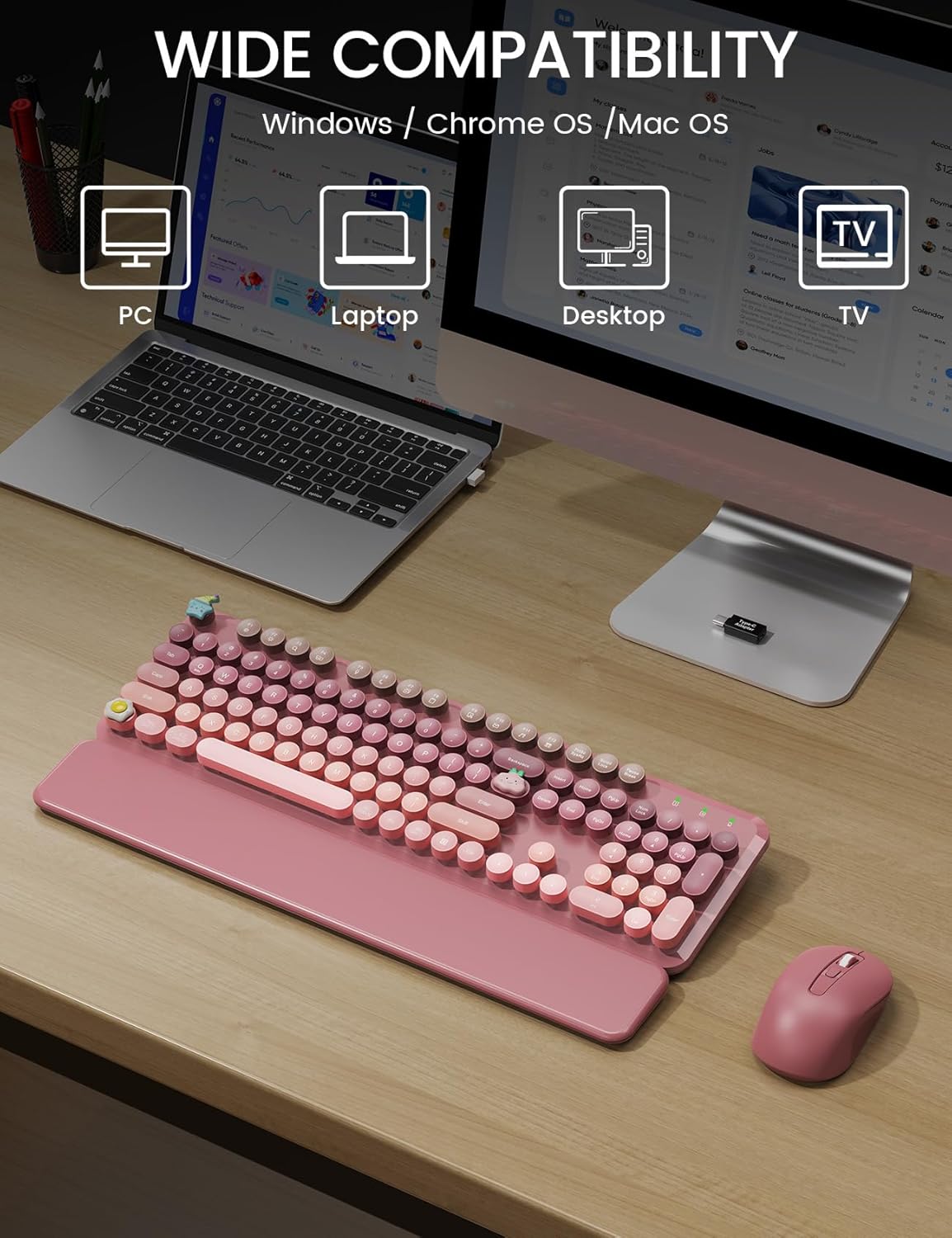 Wireless Keyboard and Mouse Combo, Typewriter Keyboard with Detachable Wrist Rest, Full-Size Retro Round Keycaps, Smart-Sleep, 2.4GHz Stable Connection for Mac/Windows/PC, Trueque(Ombre Dusty Rose)