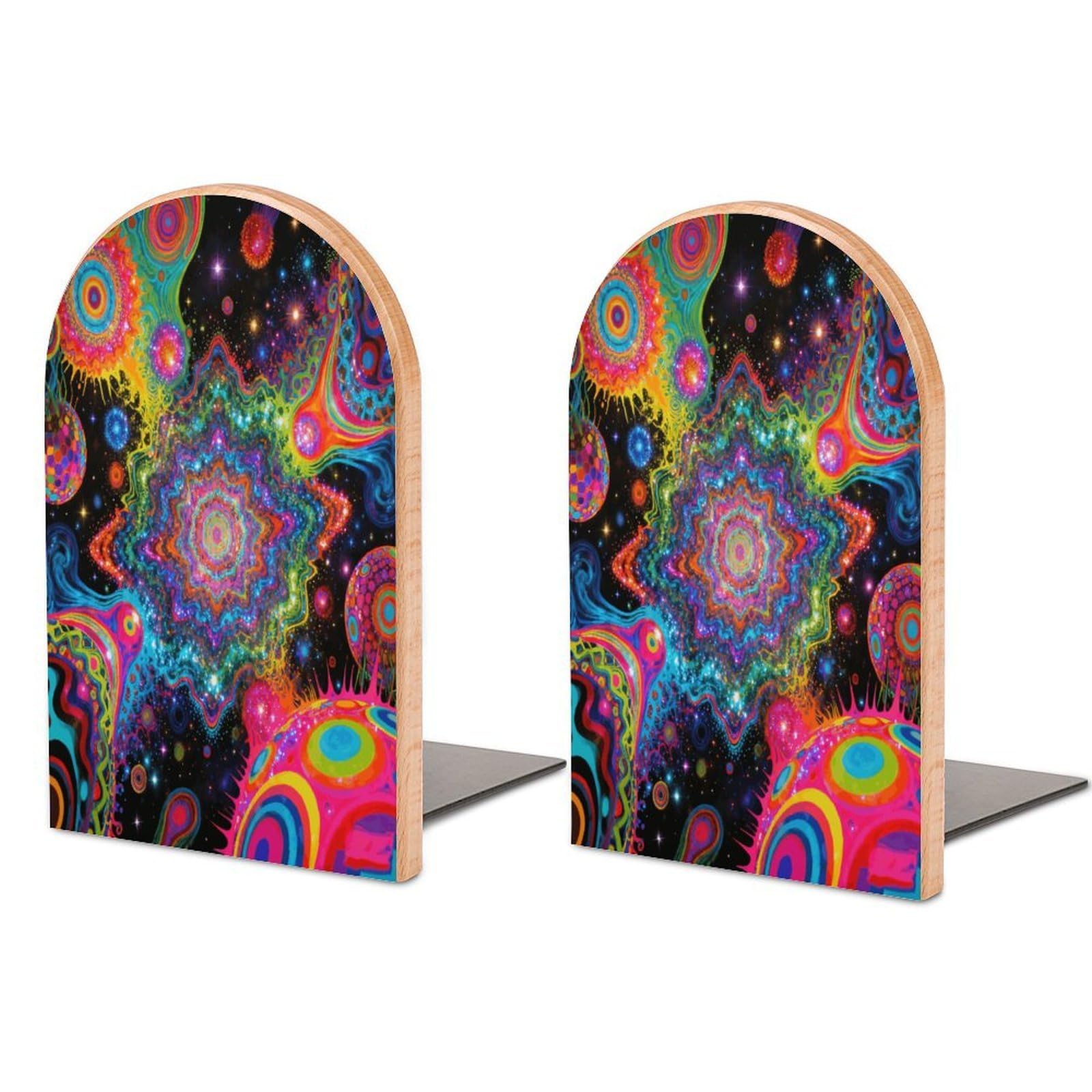 Psychedelic Art Book Ends Wood Non-Skid Bookend for Shelves Heavy Duty Bookends with Metal Base Decorative Books Stopper Desk Organizers Book Dividers for Office Home 1 Pair
