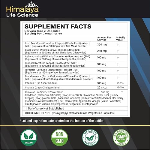 Miniatura 4 de Aceite de semilla negra de musgo marino Bladderwrack Cápsulas de bardana. Ashwagandha, cúrcuma, vitamina C, vitamina D3 con saúco, manuka, diente de