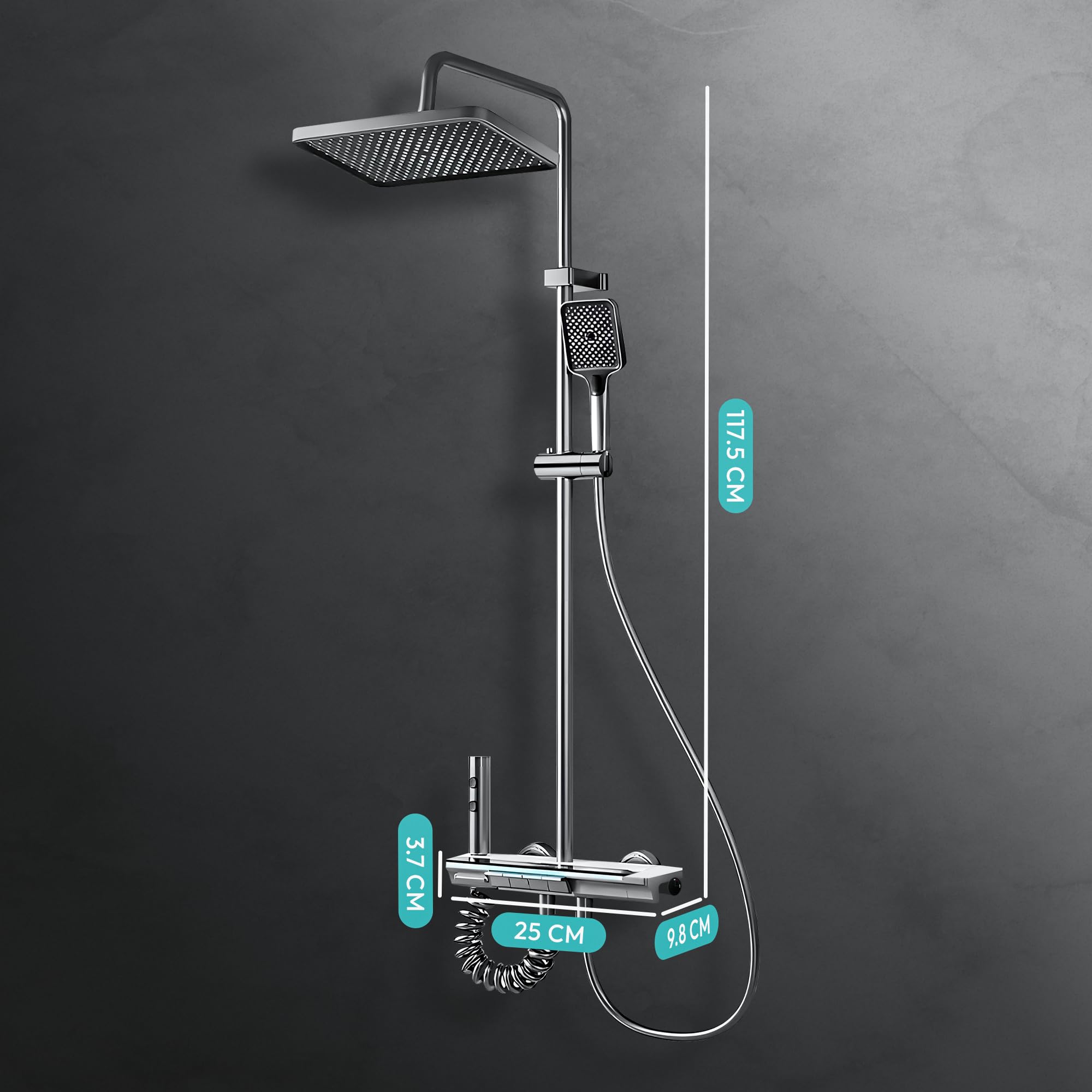 JUPPLIES Colonna Doccia Termostatica Nero Titanio 4 in 1 – Soffione Pioggia 25cm | Display LED | Miscelatore Ceramica | Doccetta + Cascata Vasca | Kit Doccia Completo Nero Opaco