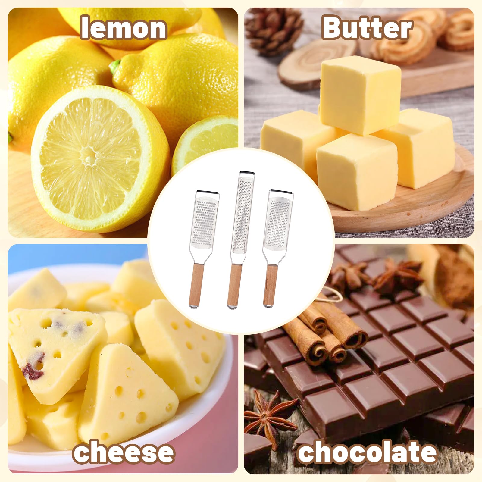 SHIKORI Ralladores de queso profesionales de acero inoxidable para cocina, rallador de limón de metal con mango de madera para queso, chocolate, especias, utensilios de cocina y herramientas, agujero
