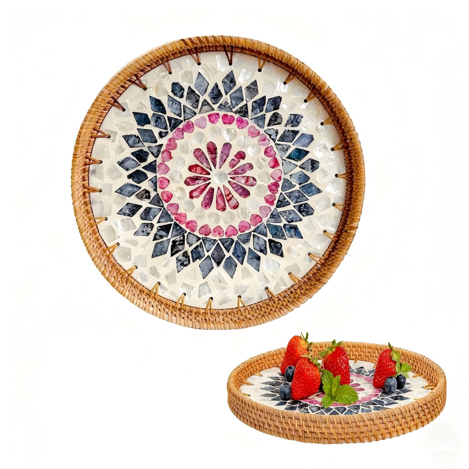 Tissting Round Rattan Tray,Rattan Woven Serving Tray,Modern and Boho Decor Serving Tray, Hand Woven Decorative Tray Plates for Dining Coffee Table (Love Flower)