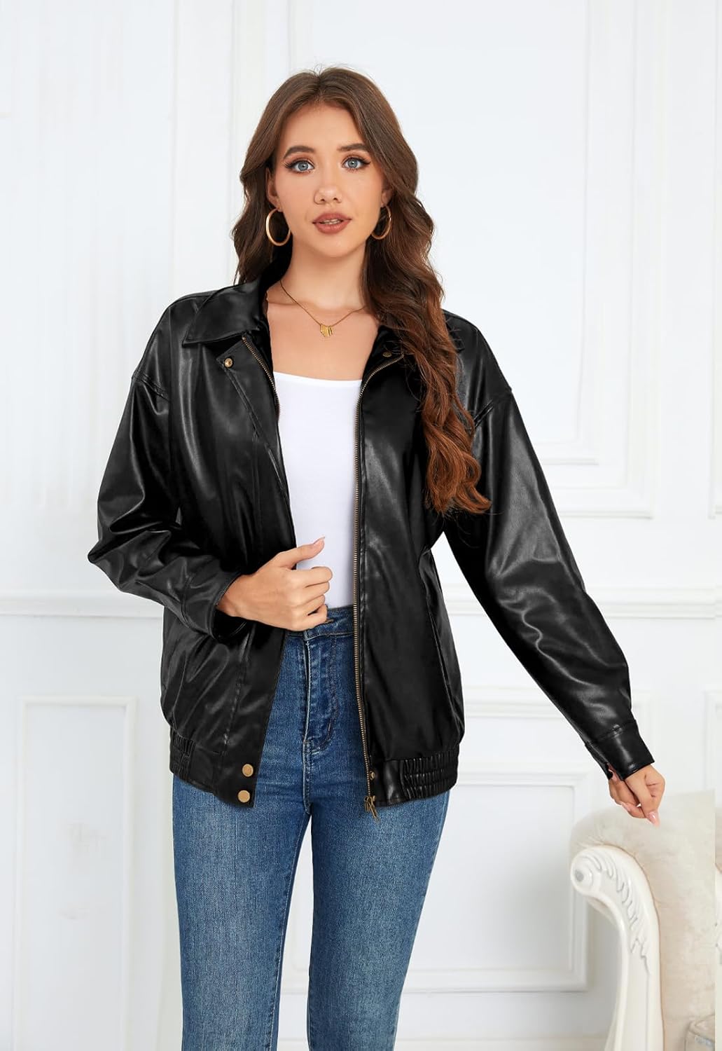 Women's Leather Jacket Faux Zip up Oversized 2025 Fall Motorcycle Outerwear With Pockets - Image 2