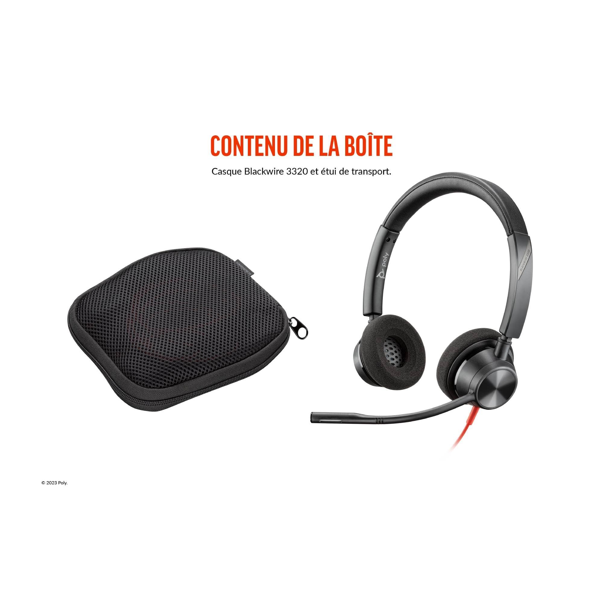Micro-casque filaire Poly Blackwire 3320 – Perche de microphone flexible – Stéréo hi-fi – Connexion à un PC/Mac via USB-C ou USB-A – Fonctionne avec Teams/Zoom