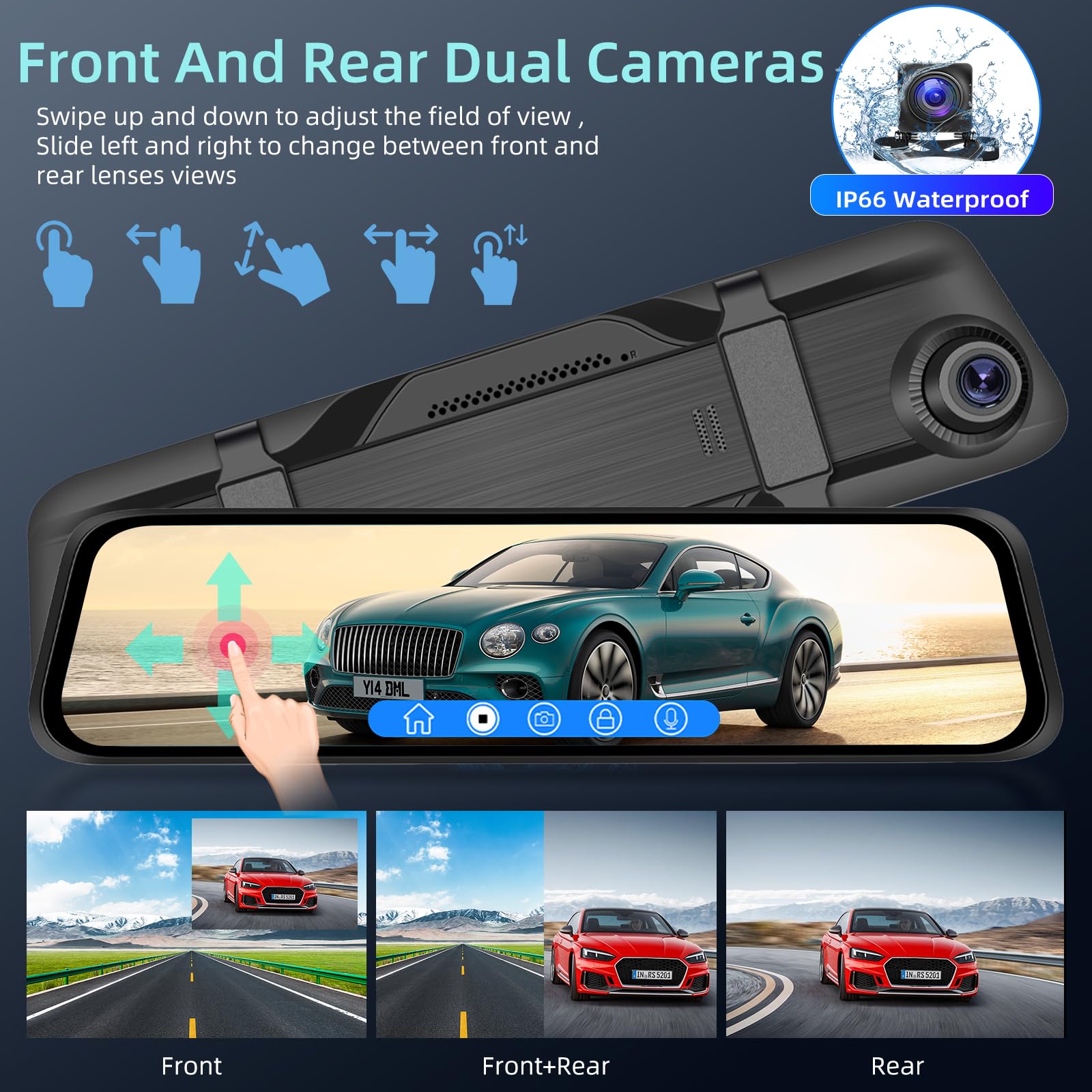 Achteruitrijcamera, spiegel, 1080p HD touchscreen, spiegel, dashcam met voor- en achteraanzicht, voor auto's, loopopname, G-sensors, parkeerbewaking, 150 graden brede hoek, met 64 GB TF-kaart