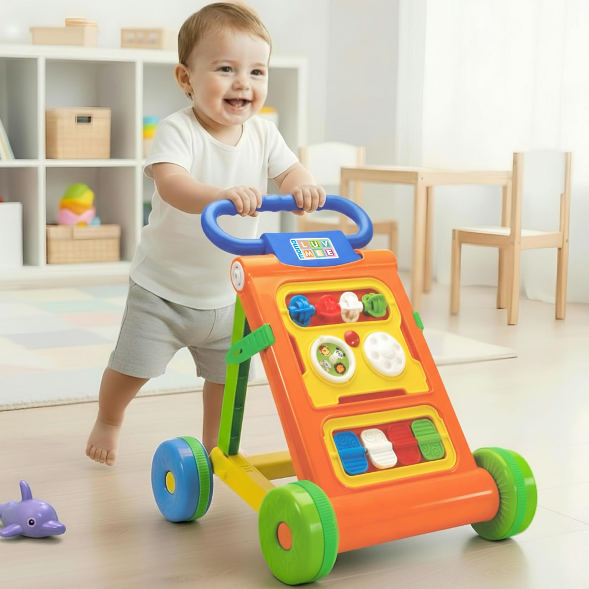 Baby Activity Walker Learning Push Walker for Babies 6 to 18 Months, Foldable Musical Walker with Recreational Toy Bar (Orange)