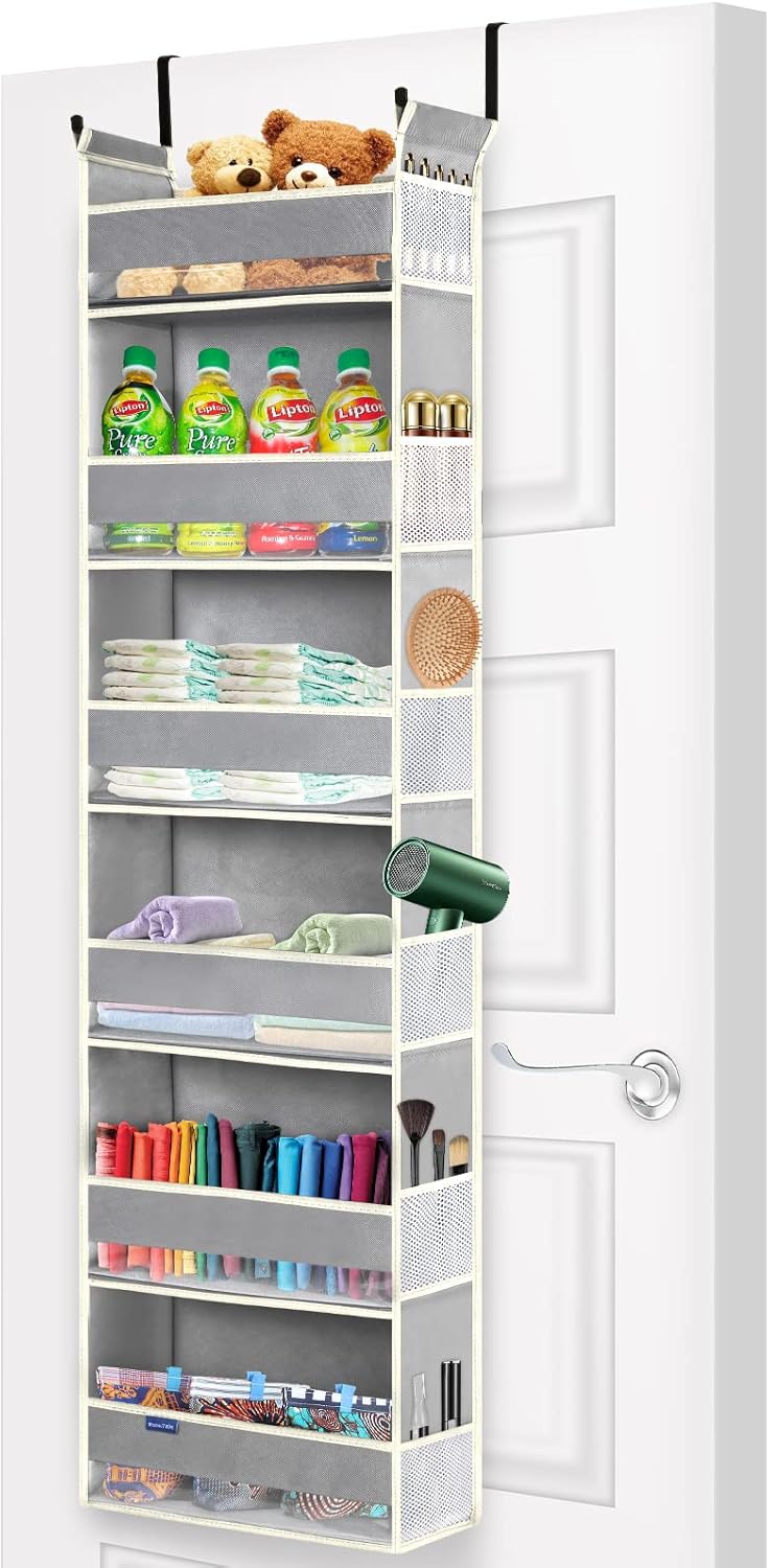 Over The Door Organizer 6-Shelves and 12 Side Pockets, Over The Door Storage for Bathroom and Bedroom, Back of Door Organizers for Baby Accessories and Toys (13"x5"x54", Grey)
