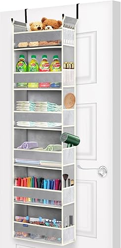 Organizador colgante para colgar sobre la puerta, 6 estantes y 12 bolsillos laterales, almacenamiento sobre la puerta para baño y dormitorio,