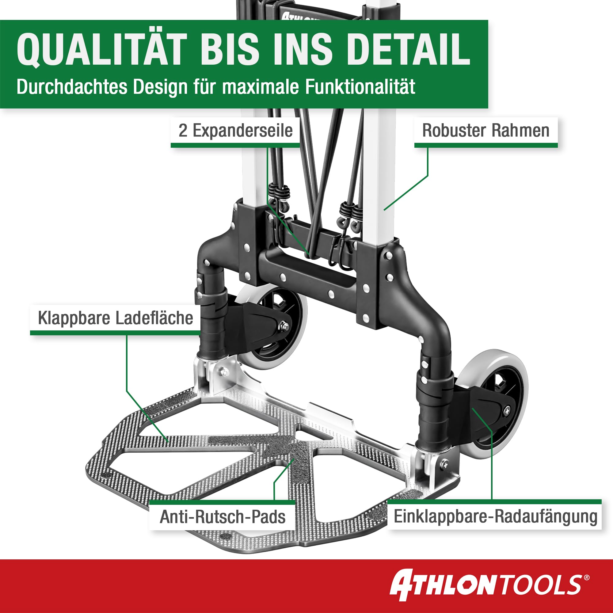 ATHLON TOOLS Aluminium Transportkarre klappbar TÜV GS-geprüft – Langer Teleskopgriff 110 cm, Anti-Rutsch-Pads, Soft-Laufräder, inkl. 2 Expanderseile - Sackkarre klappbar Alu kompakt & leicht