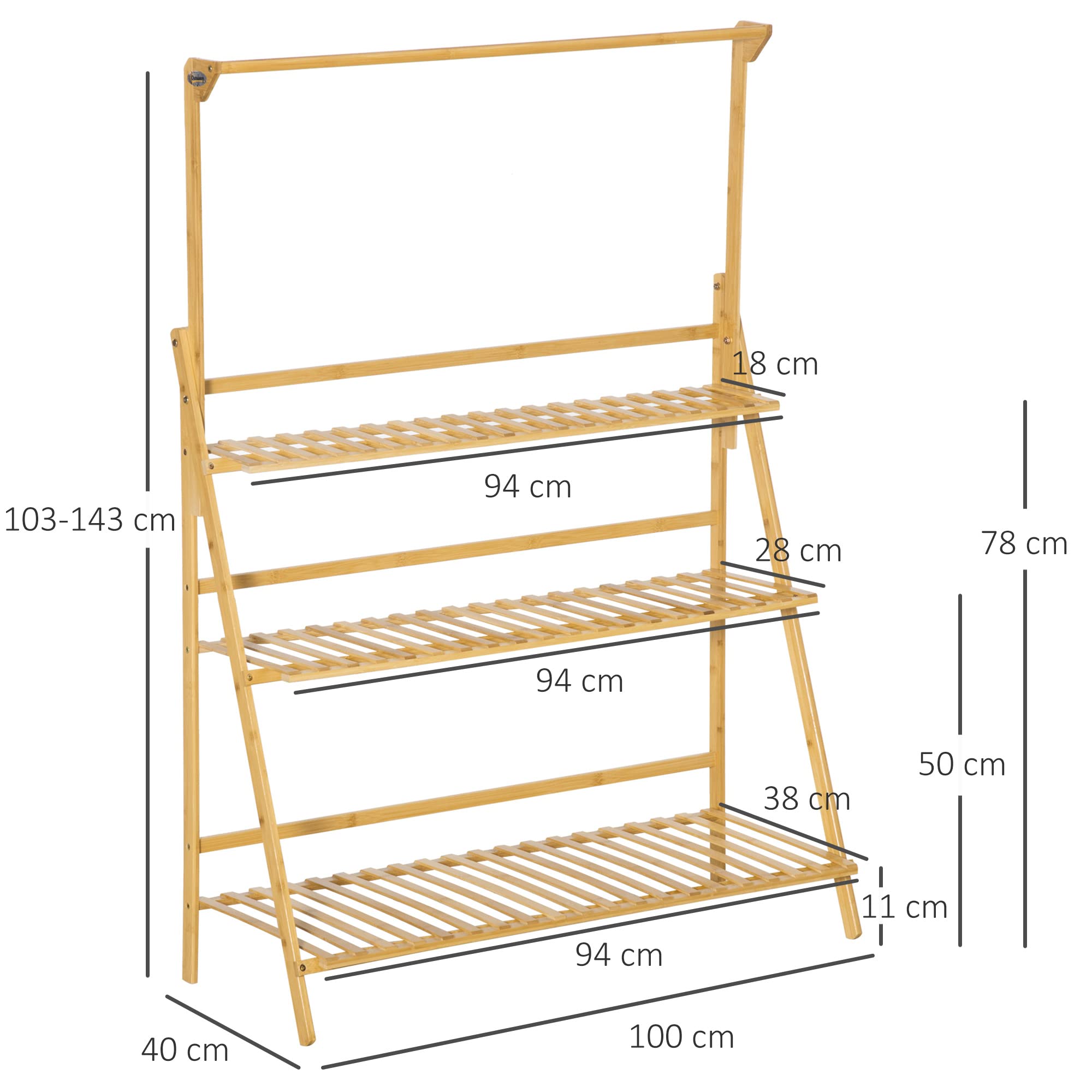 Outsunny Blumentreppe Einstellbare Hängehöhe Natur 100 x 40 x 143 cm | Aus Holz, Pflanzenständer, Leiterregal, Blumenständer, Hängende Bamboo, Innen Draußen