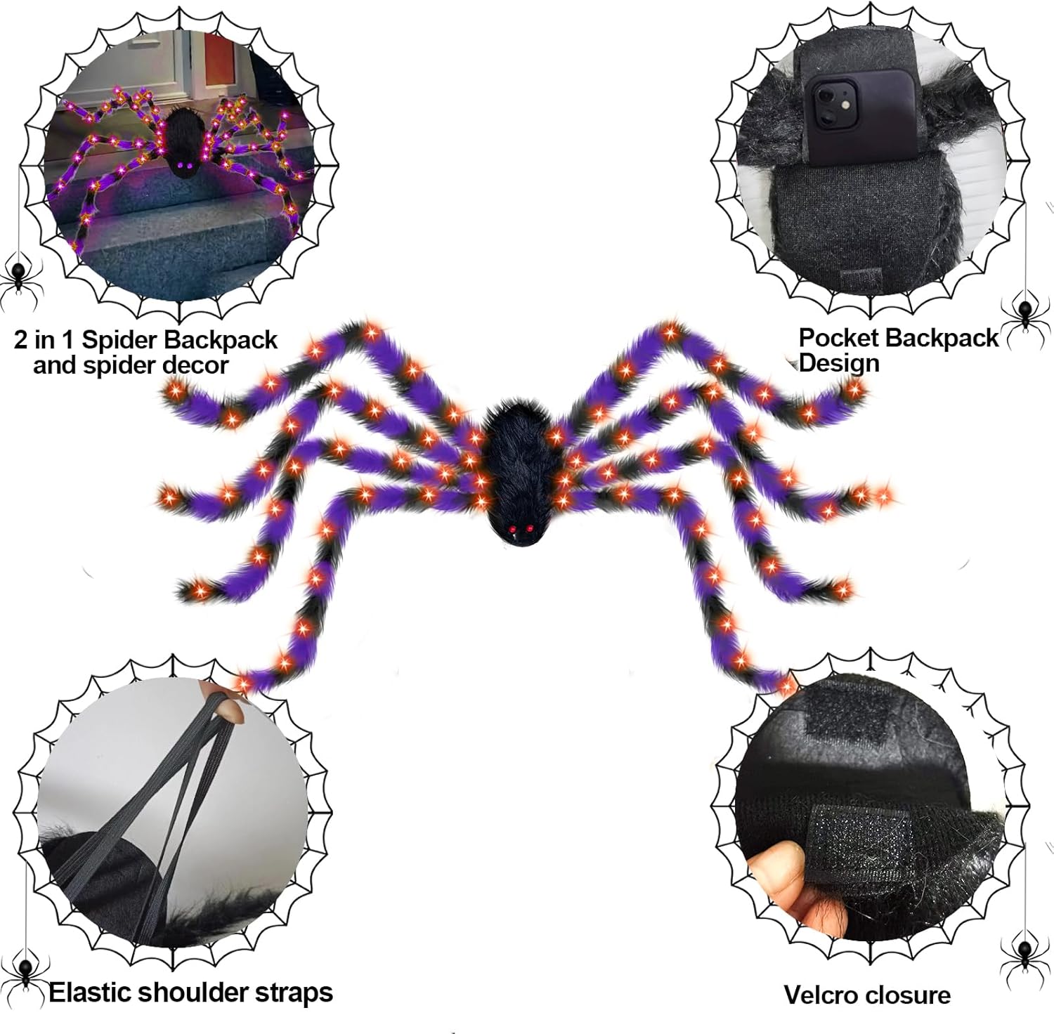 Light Up Spider Costumes for Women Adult, Poseable Scary Plush Spider Legs Costume Props Halloween Accessories Decor - Image 4