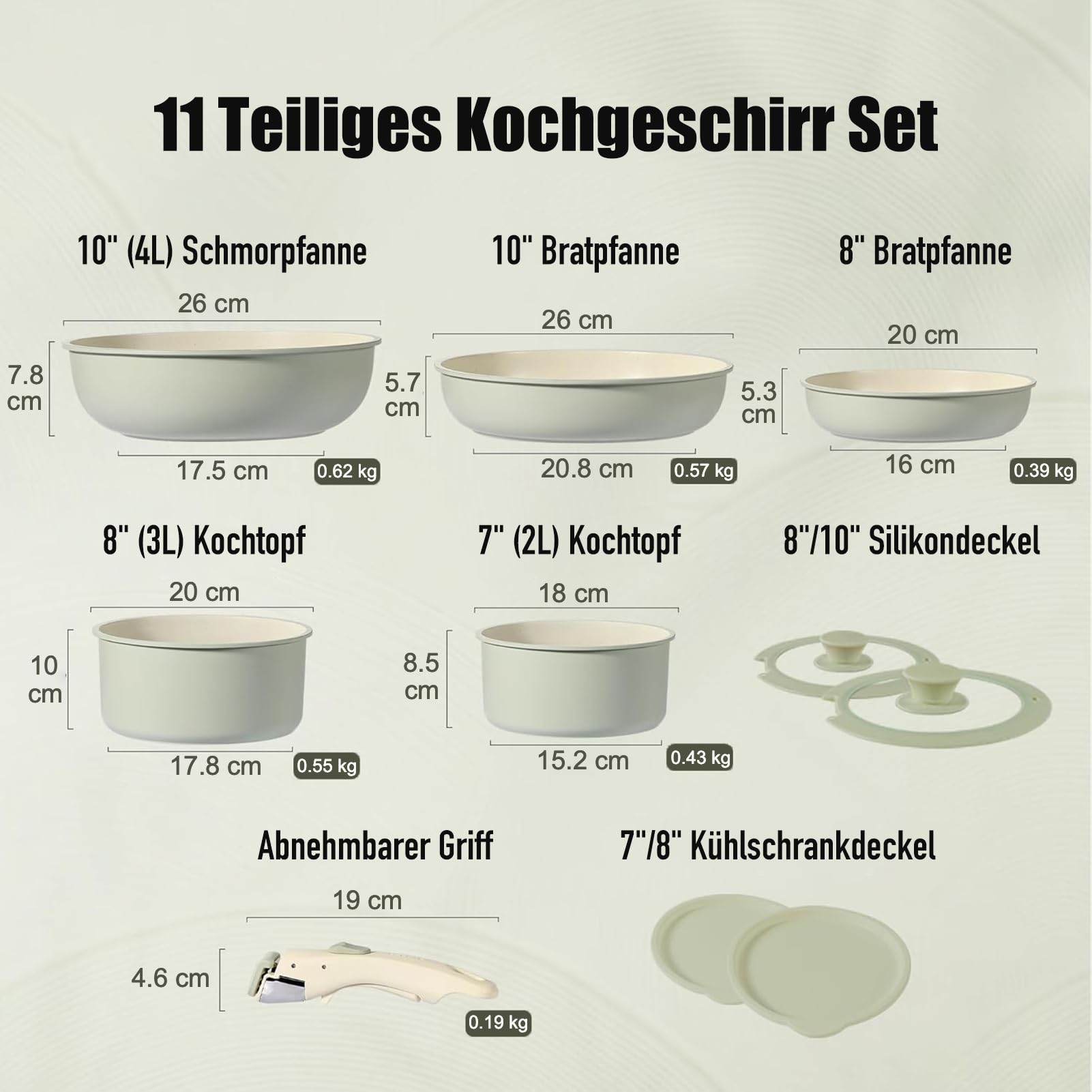 11-teiliges Antihaft Kochgeschirr-Set mit Abnehmbarem Griff: Stapelbar Topf- und Pfannenset für Induktion, Gasherde, Backofen und Spülmaschine, PFAS-frei (Grün)