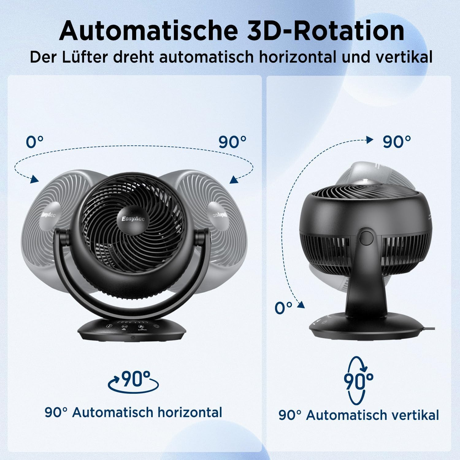 EasyAcc Ventilador de Mesa Circulación de Aire, Potente Silencioso Oscilación Automática 90° Horizontal y Vertical, 3 Velocidades, Temporizador de 2-12 H con Mando para Oficina y Hogar, Negro