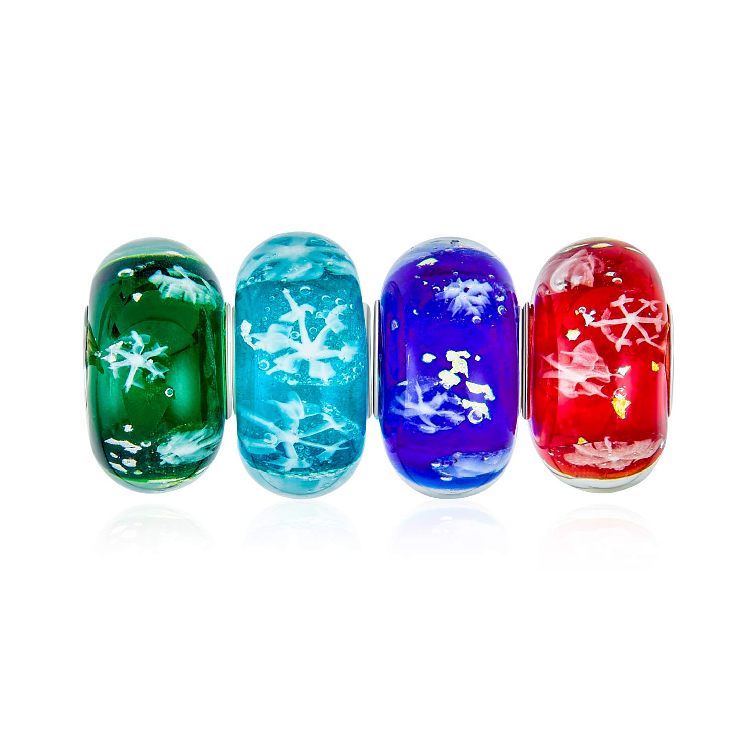 Bling Jewelry Fiocco Di Neve Di Natale In Vetro Di Murano, Mix Di 4 Perline Spaziatori In Argento Sterling, Adatte Al Braccialetto Con Ciondolo Europeo Per Donne E Ragazze Adolescenti