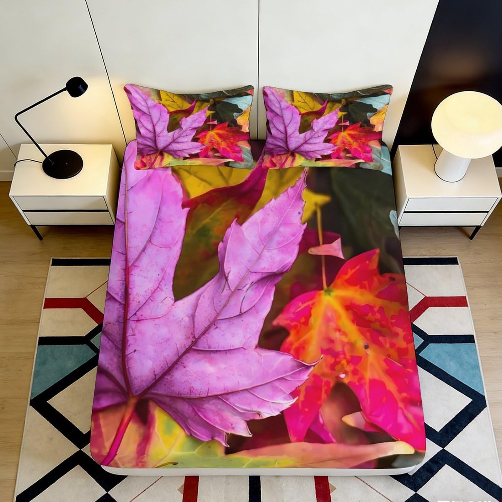 3D Printed Autumn Maple Leaves Fitted Sheet Microfiber Soft Non-Slip Mattress Cover Bedroom Decor Washable 180x200x25cm