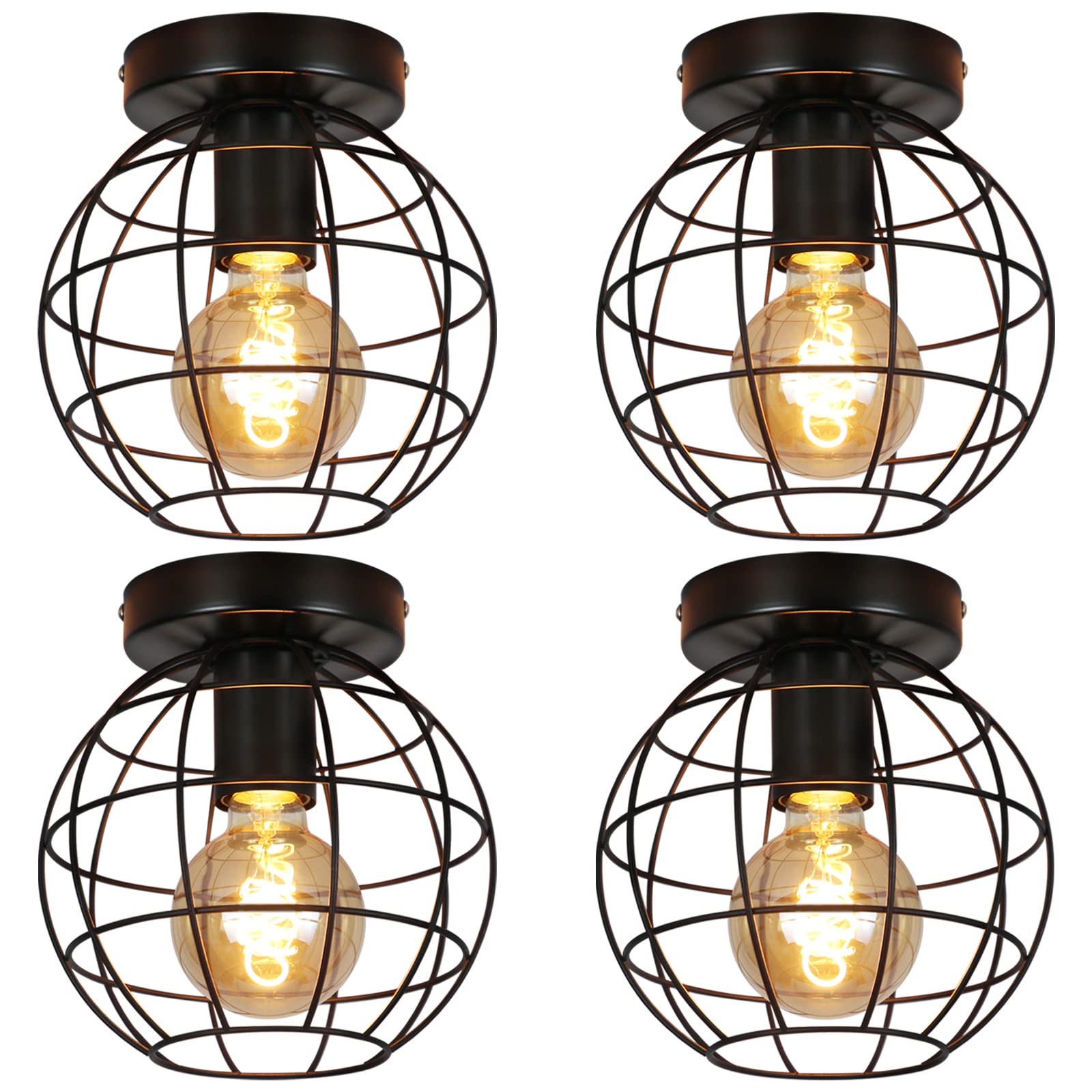 ZMH 4ER Deckenleuchte vintage Deckenlampe flur - schwarz Retro Lampe E27 | Fassung industrielle runde Flurlampe aus metall leuchte für gang küche schlafzimmer wohnzimmer - max 40W - Ø180mm