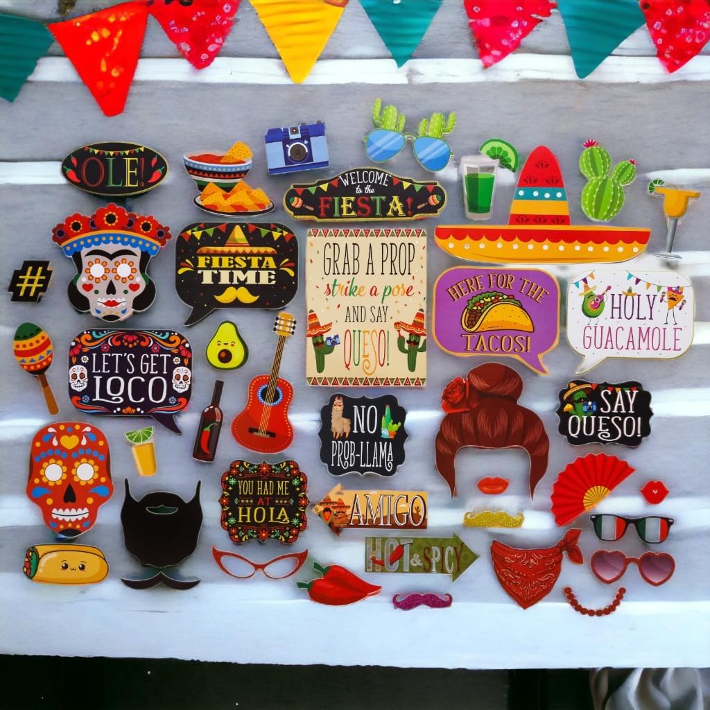 Fiesta Photo Booth Props - 41-pc Photobooth Kit with 8 x 10-Inch Sign, 60 Adhesive Pads, 45 Sticks - Mexican Photo Prop - Fiesta Props - Photo Booth Props Cinco de Mayo