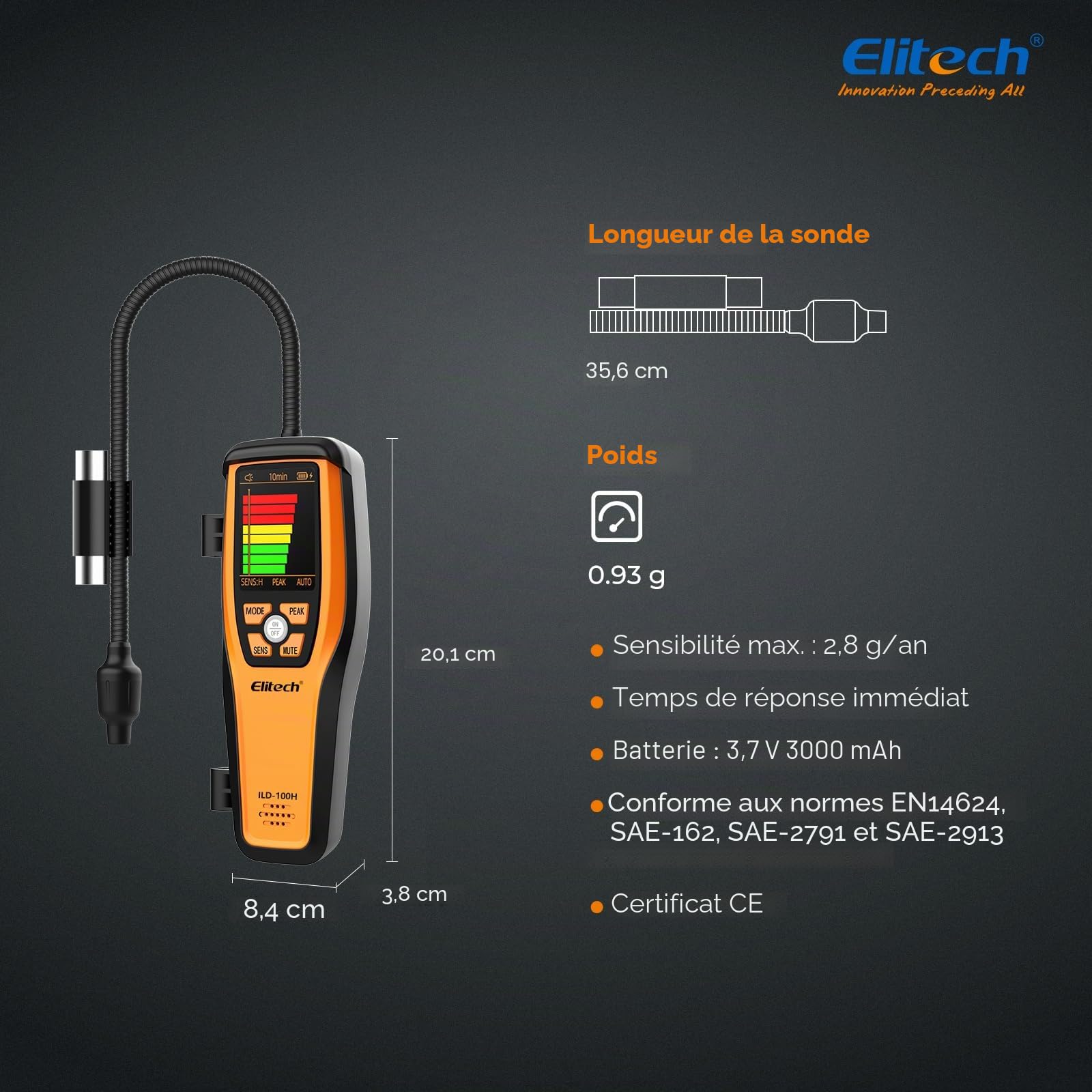 Elitech Détecteur de Fuite de Réfrigérant Diode Chauffée - Outil de Détection de Fuite Halogène pour Climatisation Automobile CVC R32 R404A R134A etc., ILD-100H