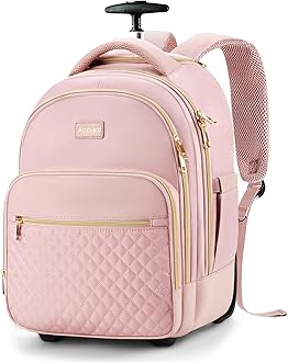 Small Rolling Backpack for Women, Lightweight Travel Backpack with Wheels, Convertible Carry On Luggage, Pink, 15-inch, Rolling Backpack for Women