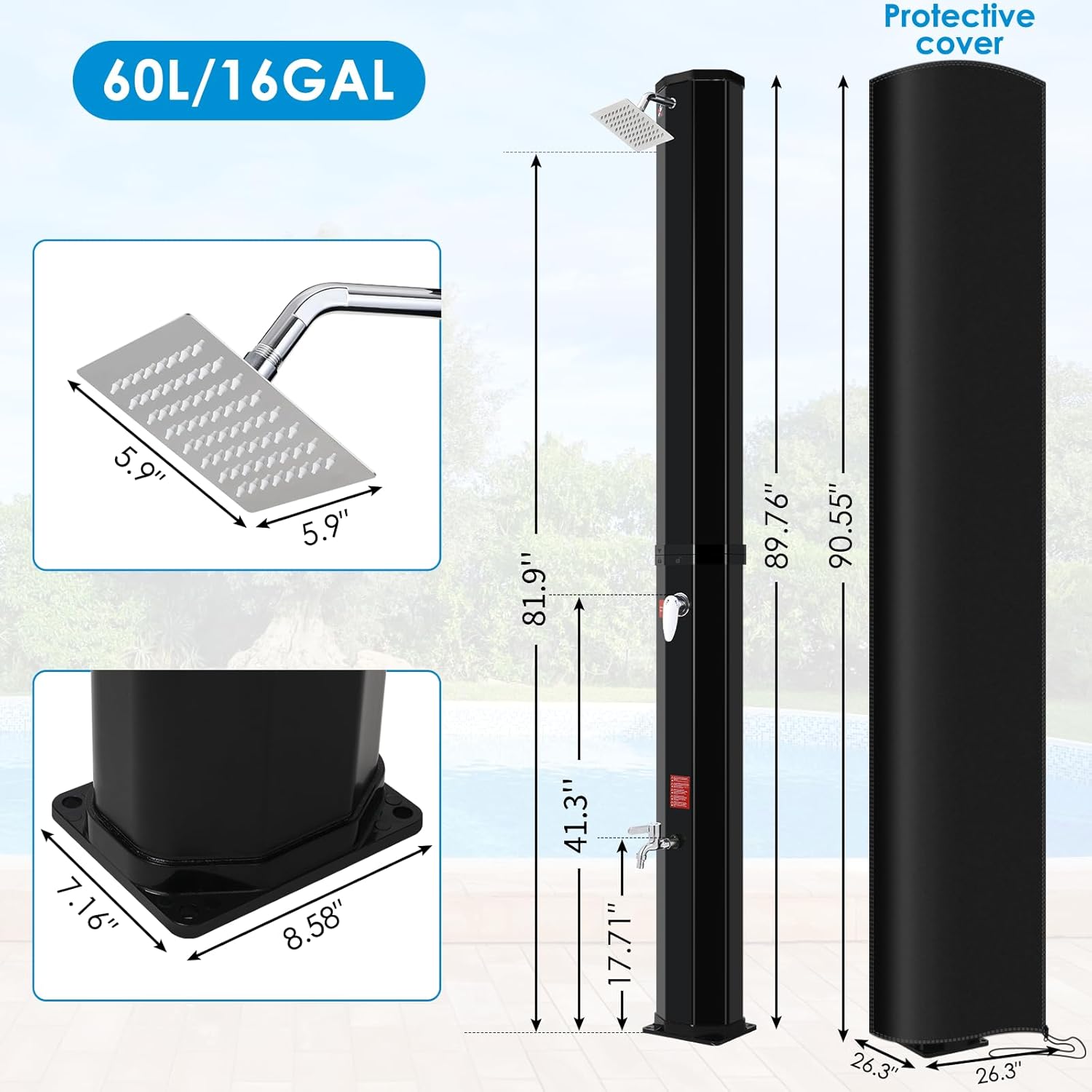TLSUNNY 16 Gallon Solar Heated Shower W/ 360° Rotating Shower Head & Faucet, Freestanding Outdoor Shower W/ 210D Protective Cover, Water Temperature Adjustment, for Pool, Garden, Beach, Spa, Backyard