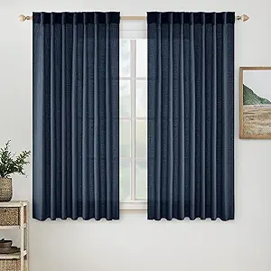 MIULEE Navy Blue Linen Curtains 63 Inch Length 2 Panels for Bedroom Living Room, Soft Thick Linen Textured Natural Kitchen Window Drapes Semi Sheer Light Filtering Back Tab Rod Pocket Burlap Look