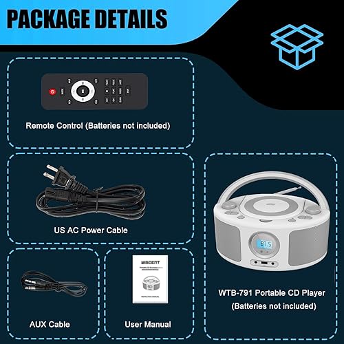 Miniatura 9 de Reproductor de CD Radio Portátil con Bluetooth, Radio FM, Control Remoto, Entrada USB y Conector de Auriculares de 3.5mm AUX, Reproducción de
