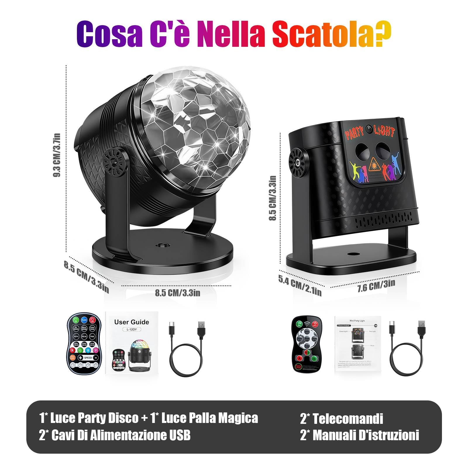 Luci da Discoteca per Feste, Palla Disco Rotante 360° + Luci Palco con Controllo Musicale, Luce Discoteca RGB con Telecomando per Party, Compleanno, Karaoke, Natale, Halloween (2 Pezzi)