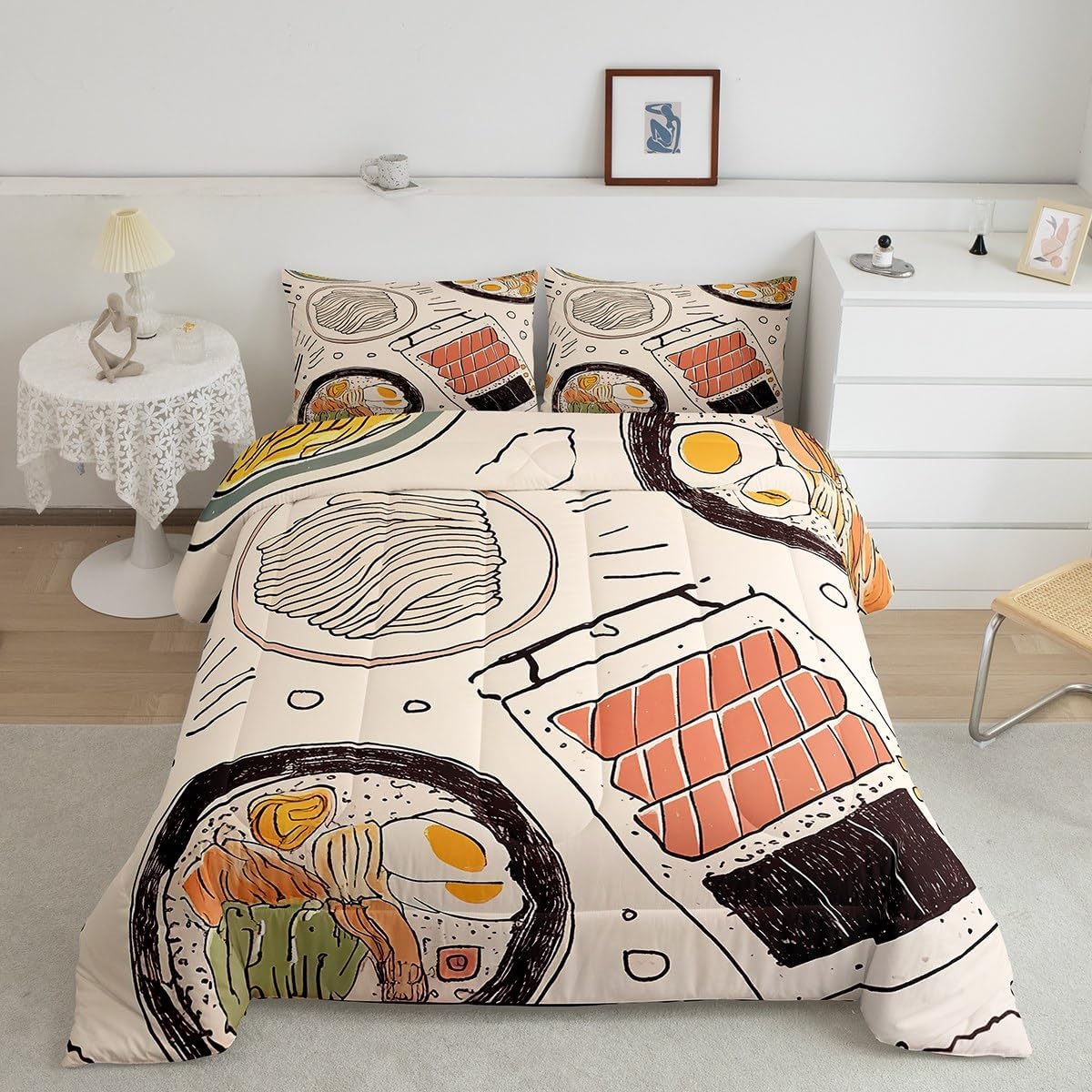 jejeloiu Japanese Sushi Ramen Comforter Set Queen Size Kids Cute Cartoon Sushi Ramen Bedding Set for Boys Girls Teens Food Theme Comforter Breathable Hand Drawn Duvet Set Quilt Set