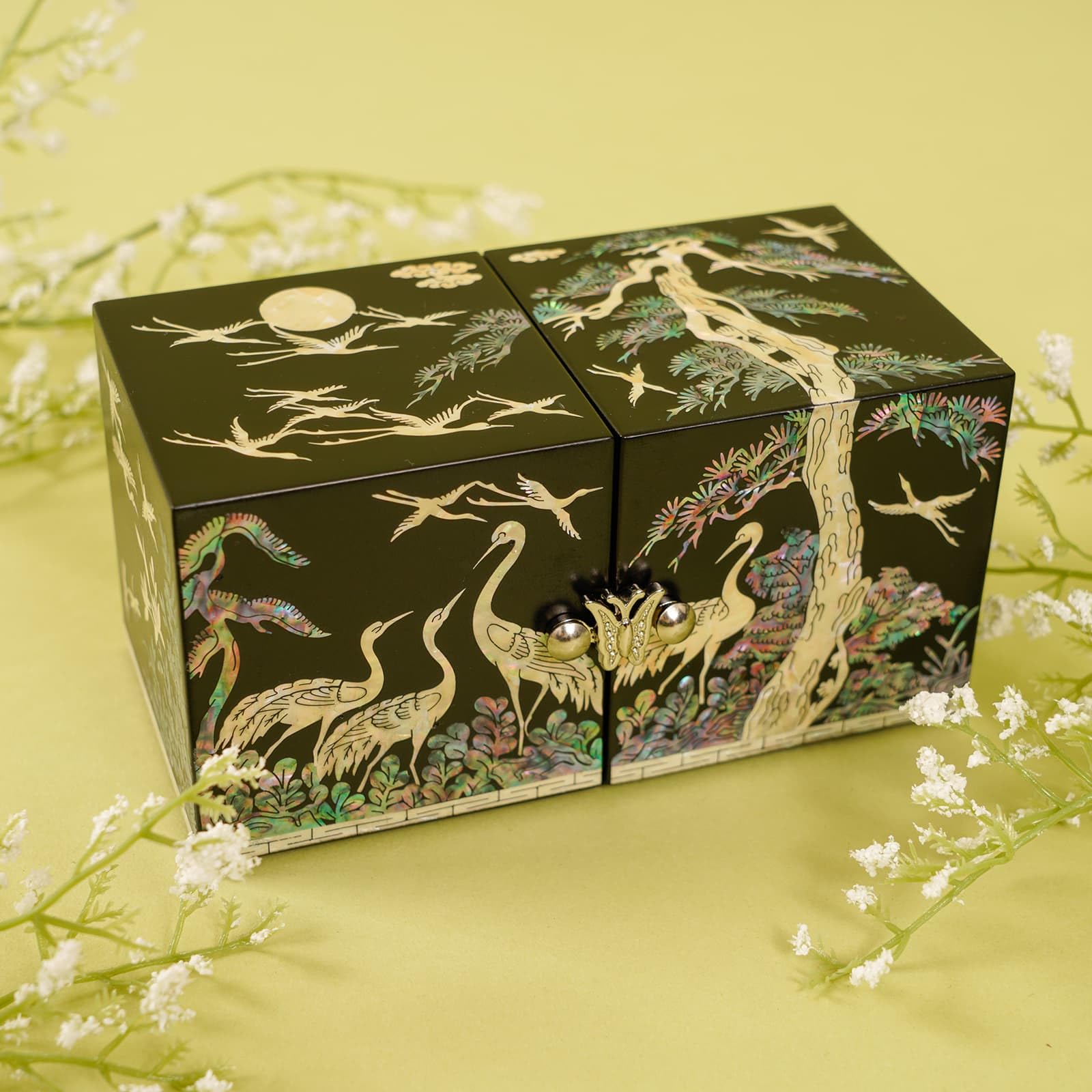 February Mountain Scatola a cubo in madreperla coreana, realizzata a mano, in legno, con chiusura a farfalla, design con gru o farfalla, scatola regalo di lusso per conservare i ricordi