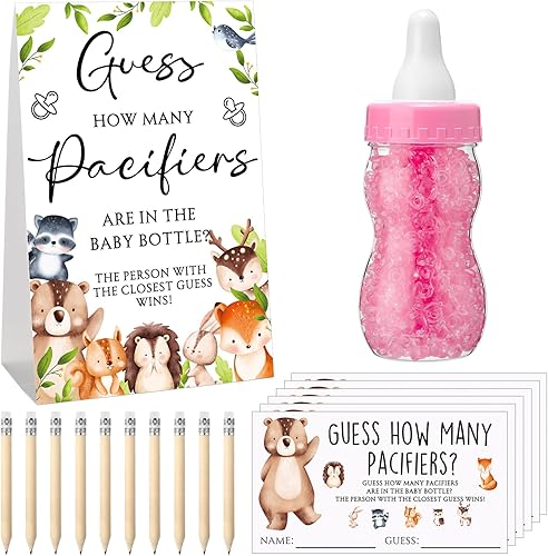Roowest 512 piezas de juegos de baby shower Adivina cuántos chupetes firman 100 pequeños juegos de adivinanzas, 10 lápices HB, botella de leche de