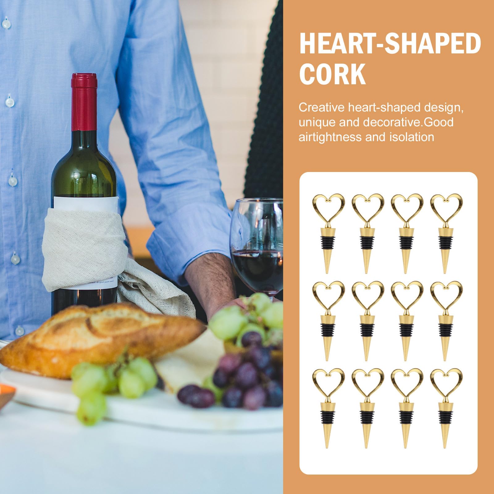 TOYANDONA Tapones de Vino de Aleación Forma de Corazón Dorados 12 Unidades Tapón Hermético para Mantener Frescura Accesorios para Botellas de Vino Conservación y Cócteles