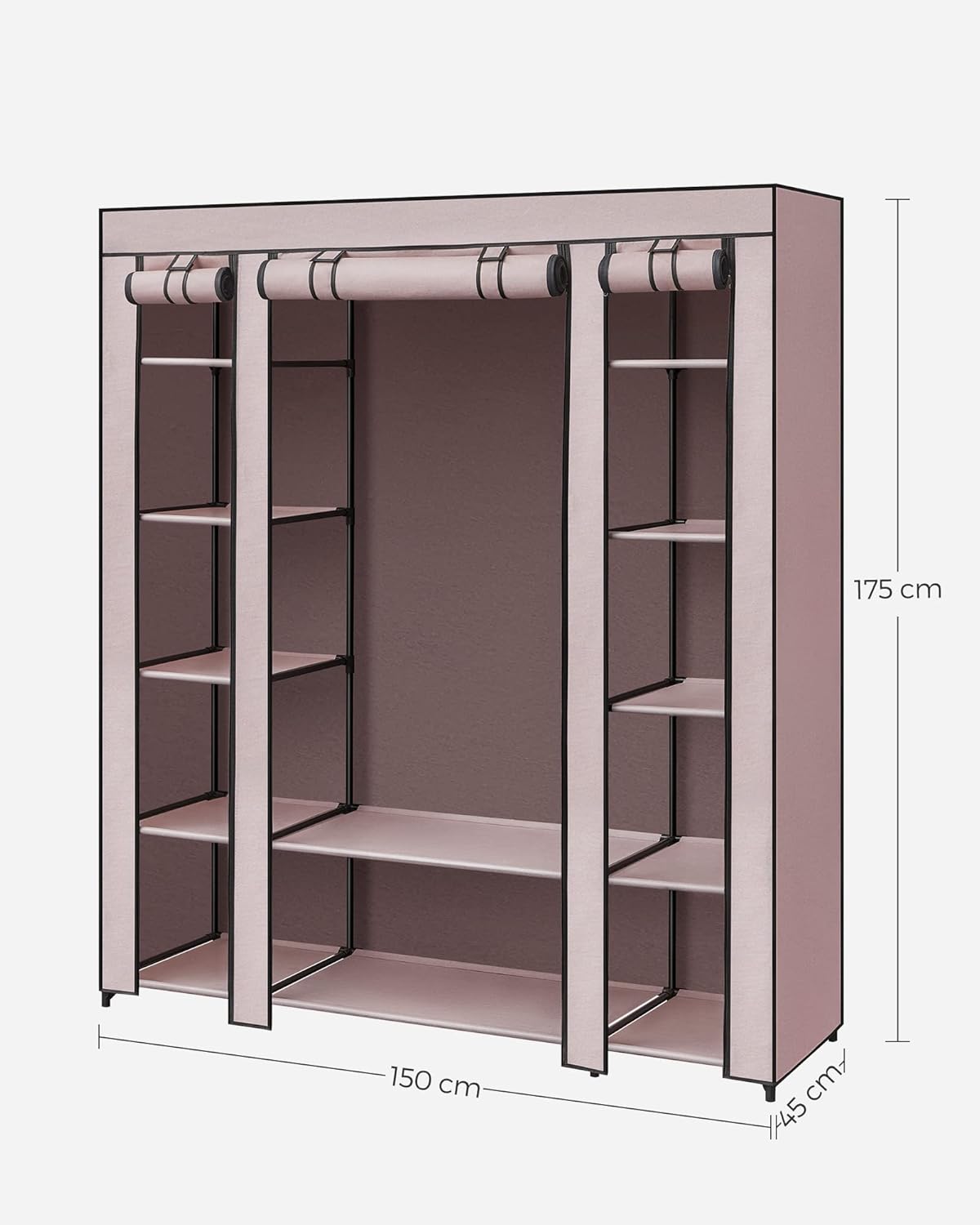 Interior view of the wardrobe showing categorized storage with clothes on the rail and folded items on shelves.