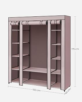 SONGMICS Wardrobe, Fabric Covered Folding Cabinet with 12 Shelves, Metal Frame, Dusky Pink LSF003P02