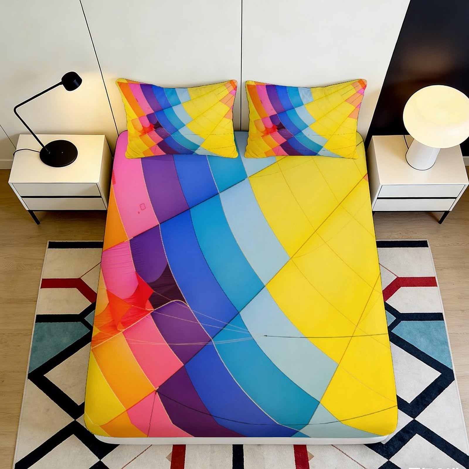 3D Printed Rainbow Geometric Fitted Sheet Microfiber Soft Colorful Abstract Mattress Cover for Bedroom Dorm Decor 90x200x25cm